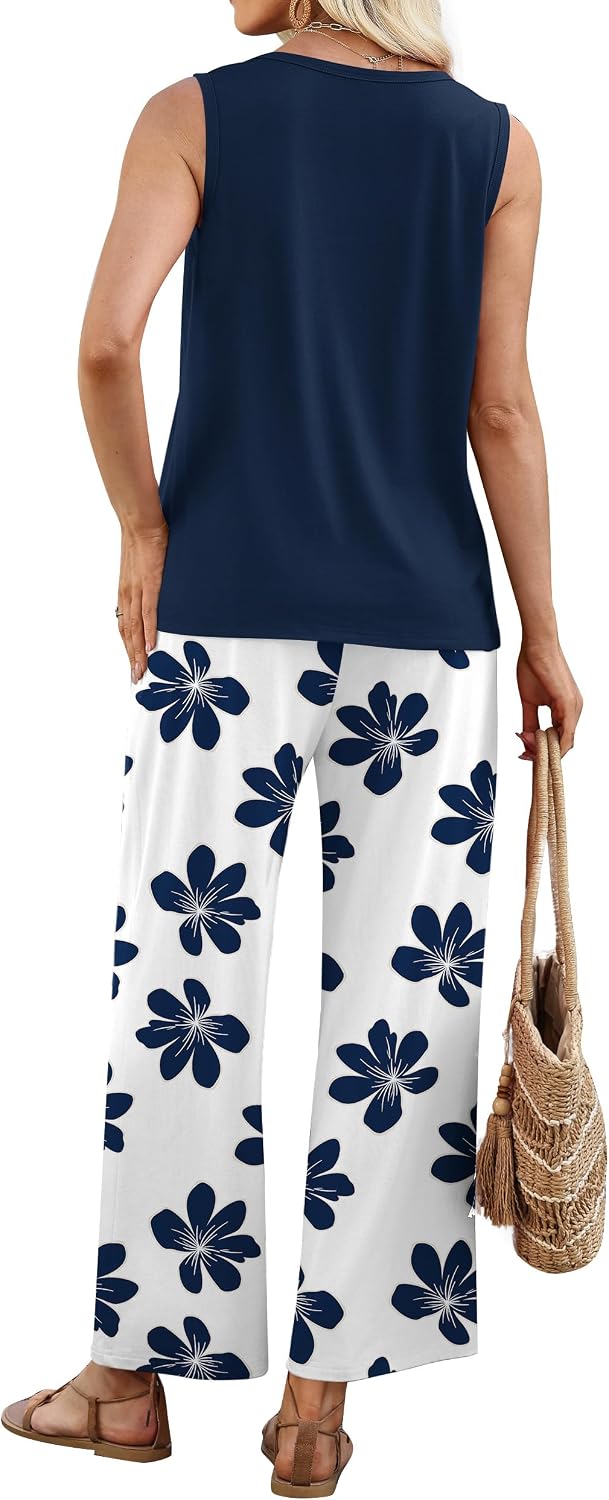 Detalle de WIHOLL Women's Two-Piece Set: Sleeveless Tank + Wide-Leg Printed Pants