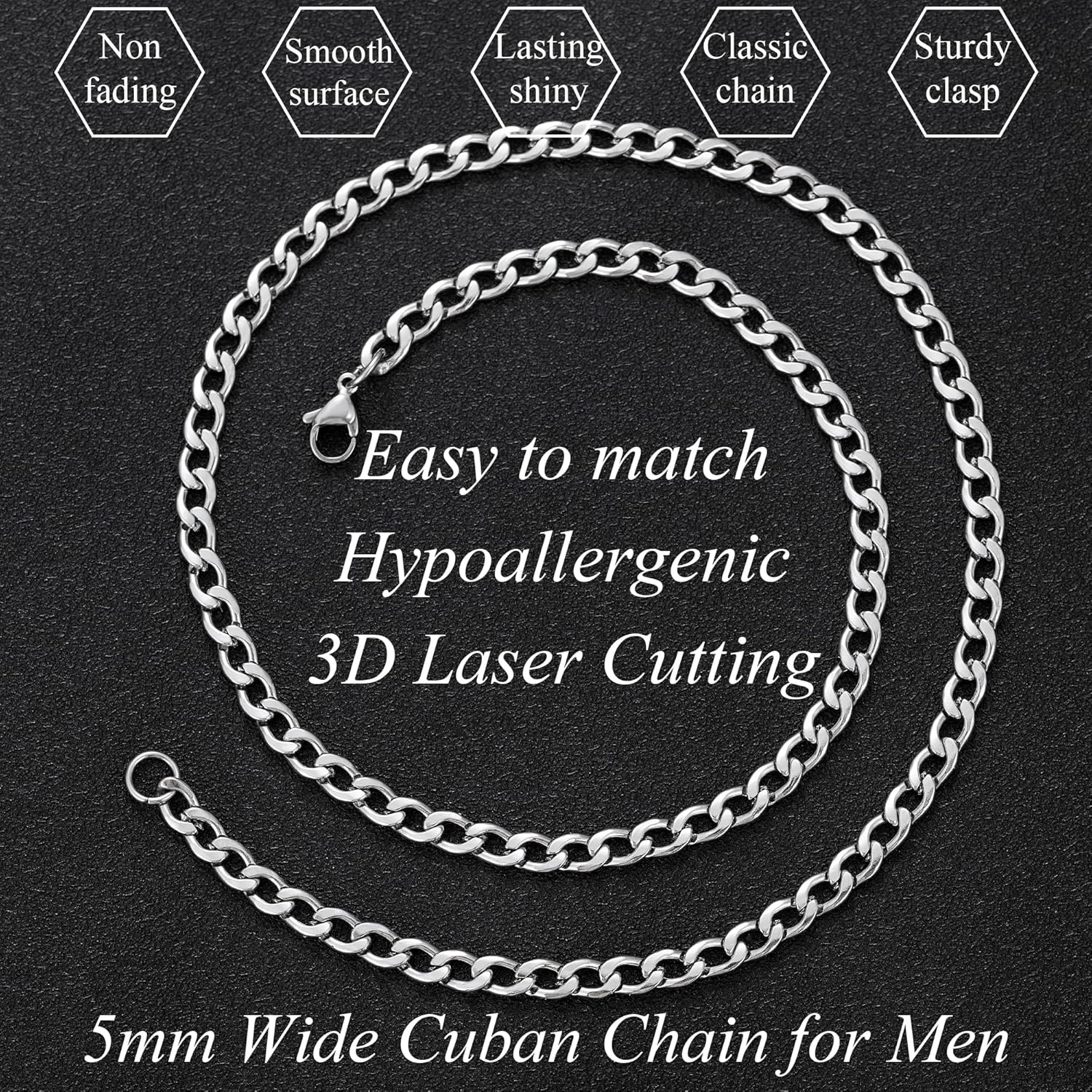 Thumbnail 5 de Collier chaîne cubaine RANKEEF en acier inoxydable 3/5 mm pour homme (46/51/56/61/66 cm)