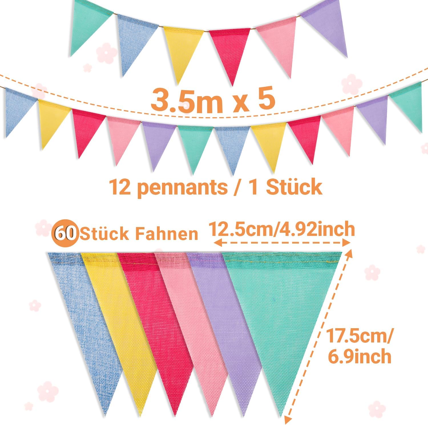 Detalle 2 de Alintor Wimpelkette Outdoor wetterfest (5er-Set, 3,5 m, 60 Wimpel) für Regenbogen-Geburtstagsdeko