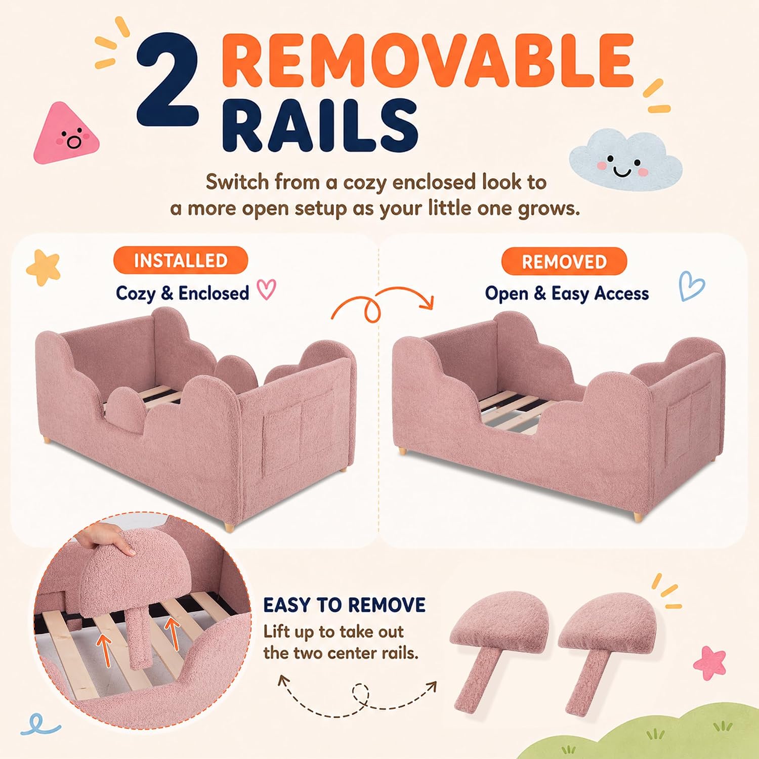 Thumbnail 4 de Ancelny Toddler Floor Bed, Pink Montessori Bed with Removable Rails