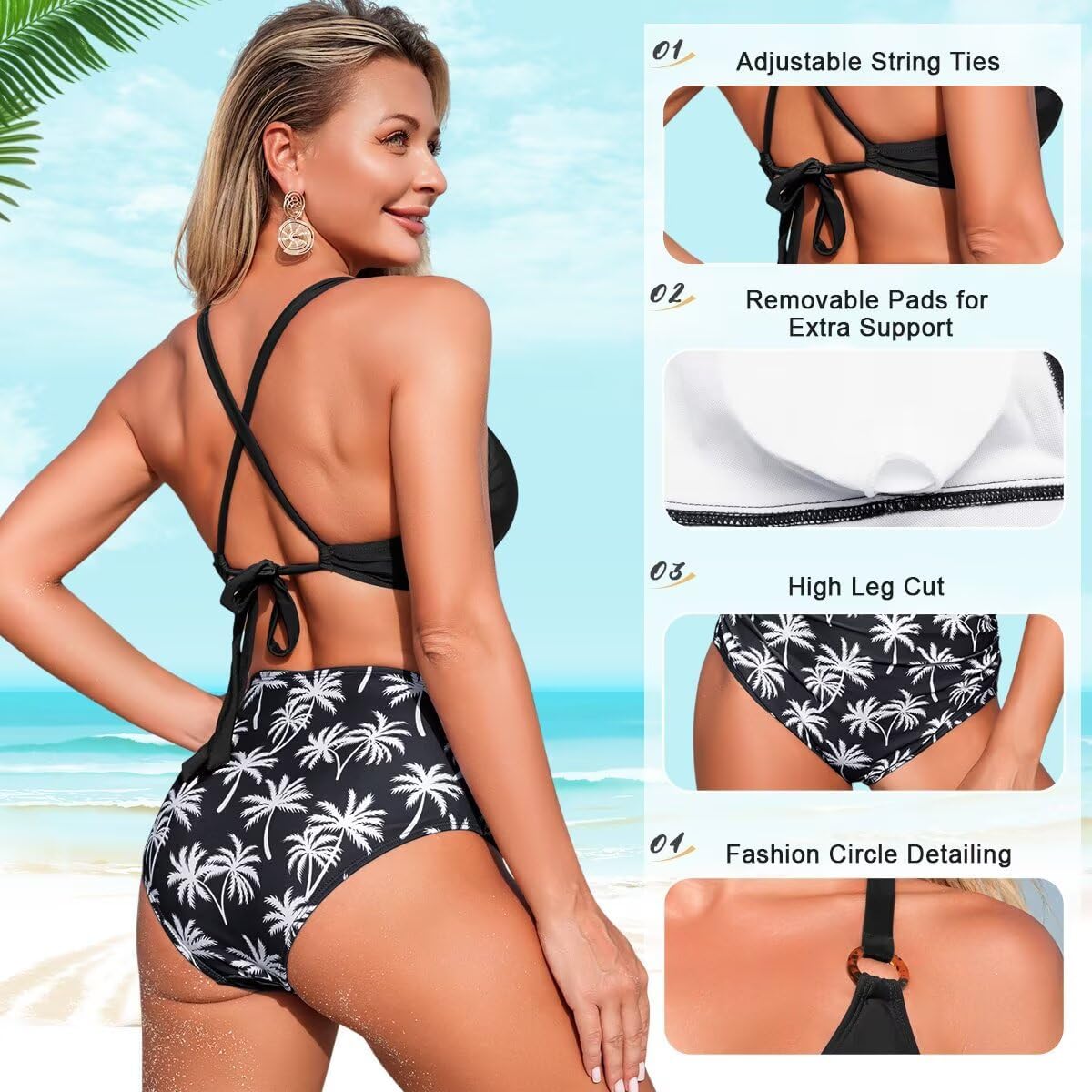 Thumbnail 4 de Sillictor High Waisted Bikini Set with Cross Back Tie Closure – 2 Piece Tummy Control Swimwear