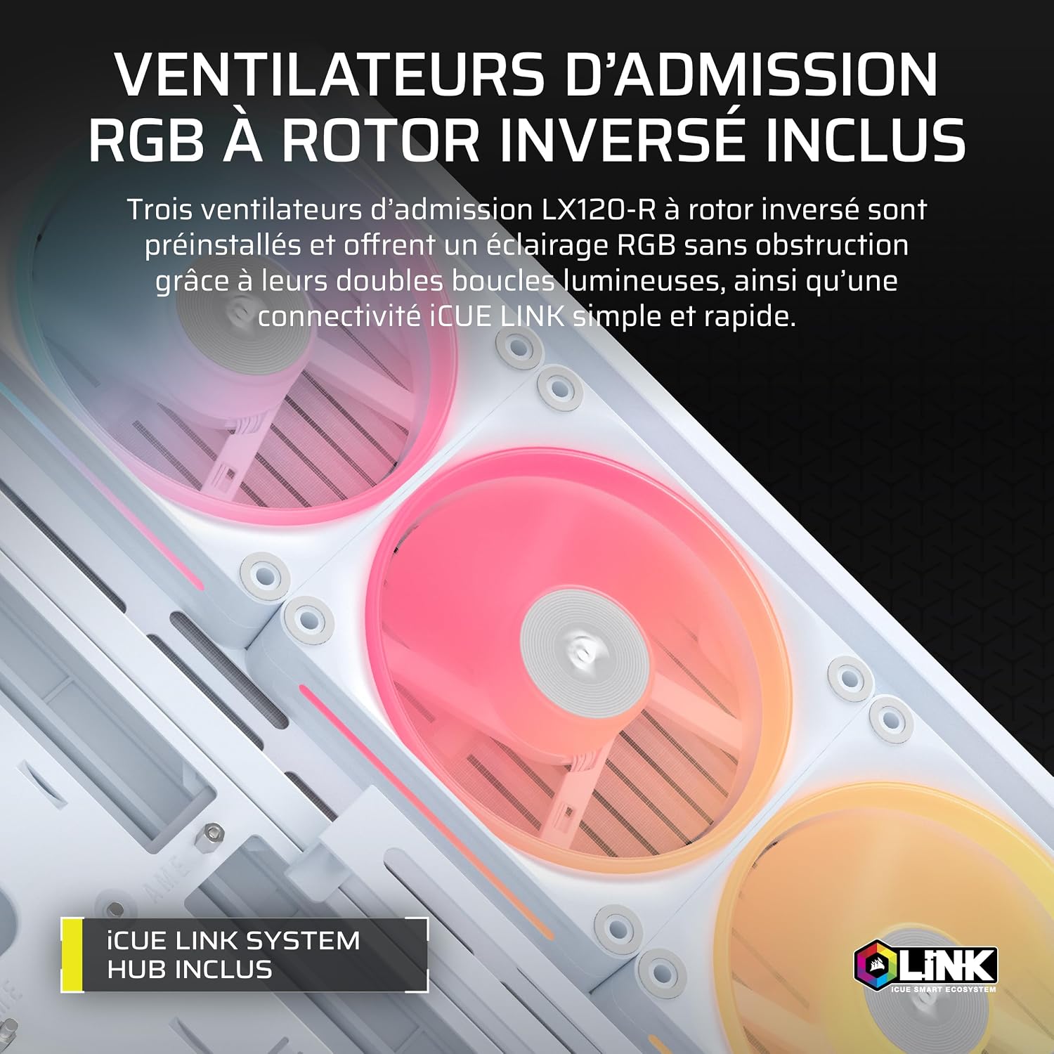 Detalle de CORSAIR Frame 4500X LX-R RGB Link – boîtier moyen-tour blanc avec verre panoramique et système InfiniRail