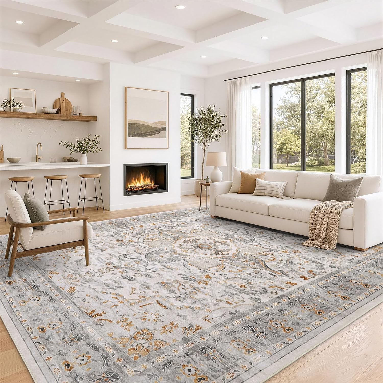 Detalle de smiry 8x10 Washable Area Rug, Taupe Floral Low-Pile Non-Slip Carpet