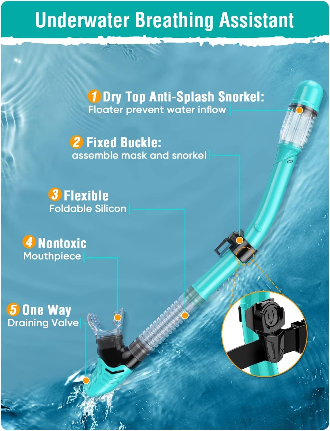 Detalle 2 de Lealinga adult snorkel set with anti-fog panoramic mask and dry-top snorkel