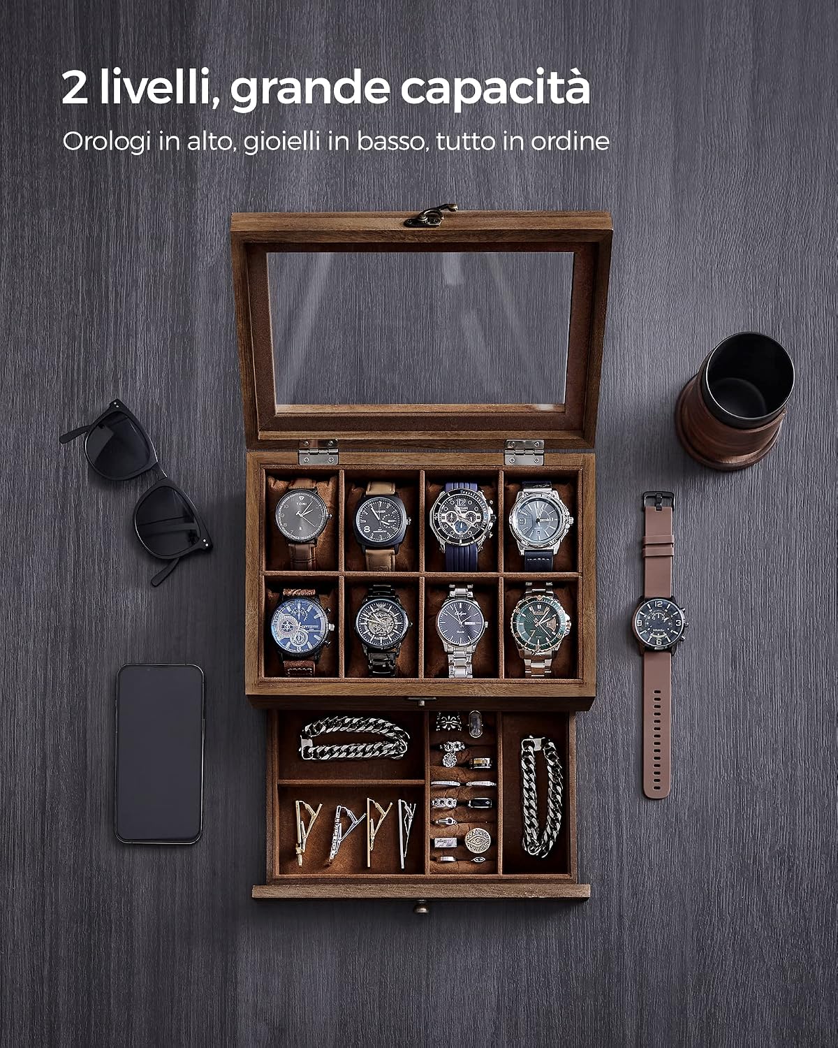 Detalle de SONGMICS GISELLA Collezione Scatola per Orologi con 8 Scomparti, Noce Rustico, 2 Livelli con Coperchio in Vetro