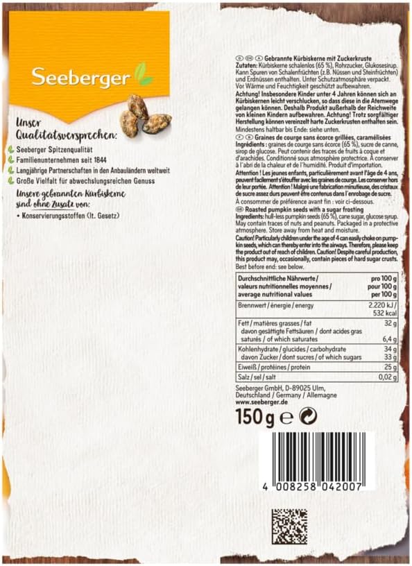 Detalle 2 de Seeberger Graines de courge grillées et caramélisées (Sachet 12 x 150 g) – encas végan et sans gluten