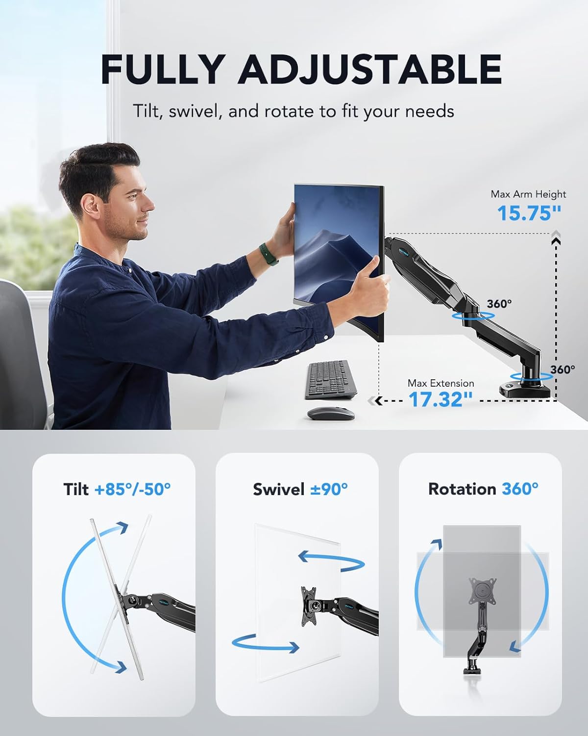 Detalle 2 de HUANUO Single Monitor Arm Desk Mount for 13 to 32 inch Screens