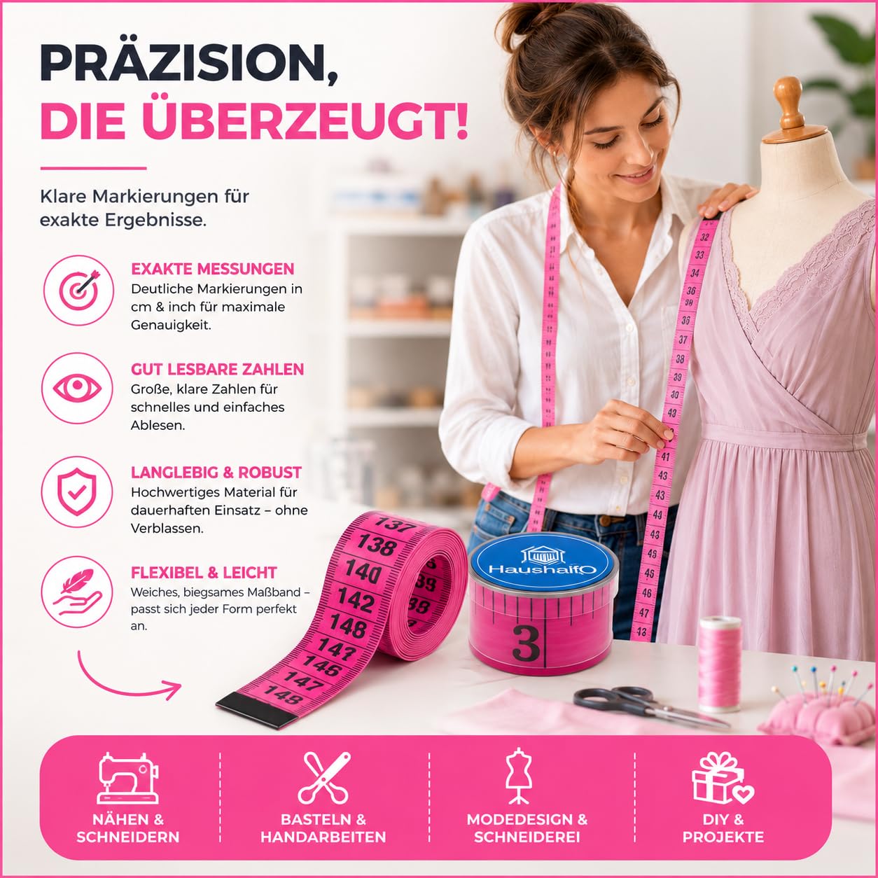 Detalle 2 de HaushaltO 4262521265474 kleermakersmeetlint 150 cm, cm en inch, roze