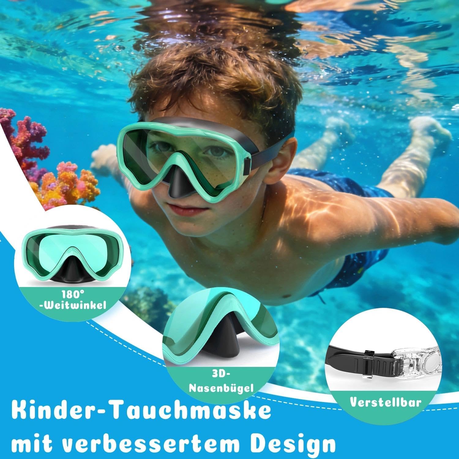 Detalle de COOLOO Kinder-Schnorchelmaske mit 180° Panorama, Anti-Nebel, Nasenabdeckung und Quick-Release
