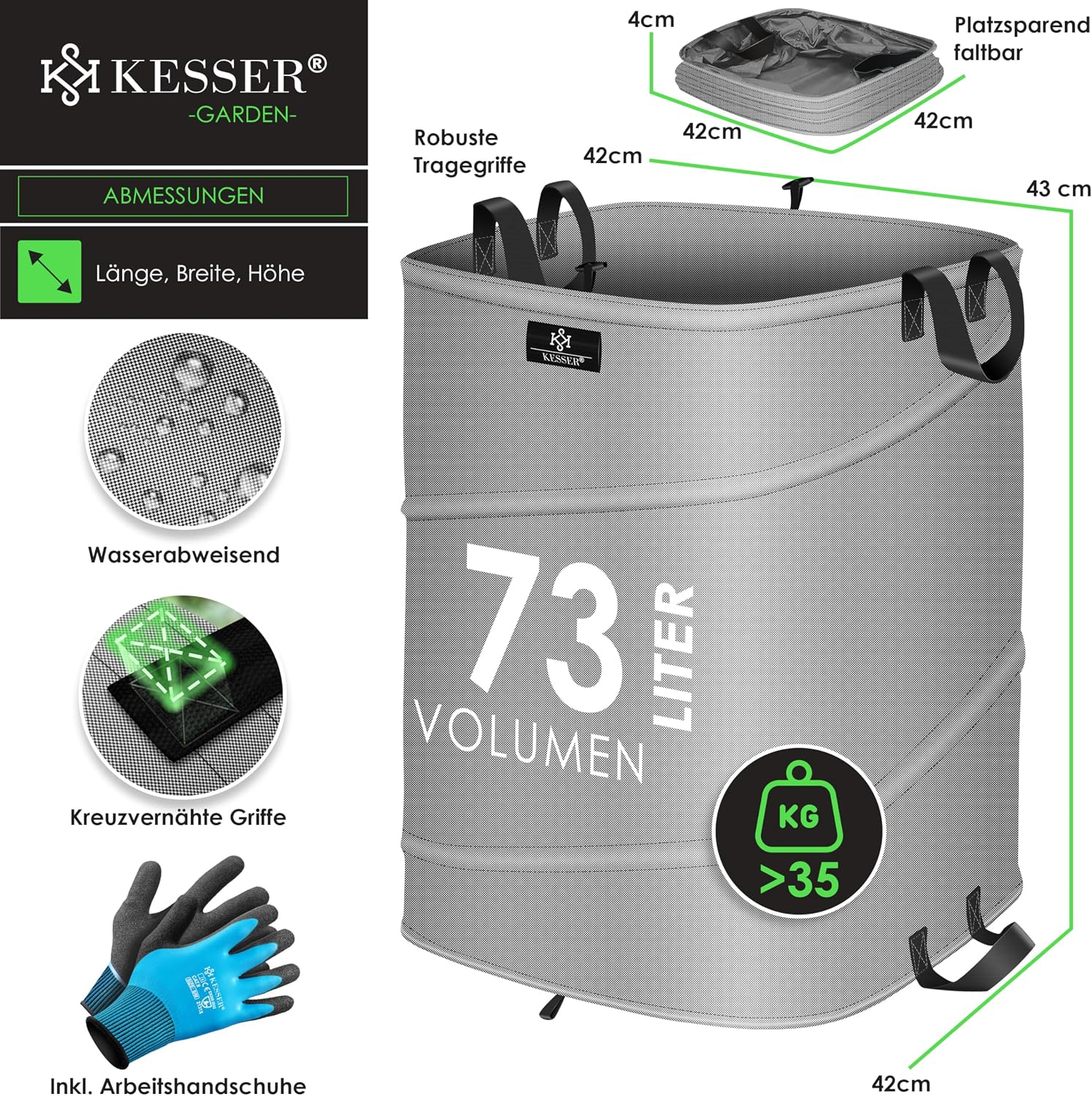 Thumbnail 6 de KESSER Pop-Up-Gartensack 73L Laubsack – Selbststehend mit Griffe, inkl. Handschuhe