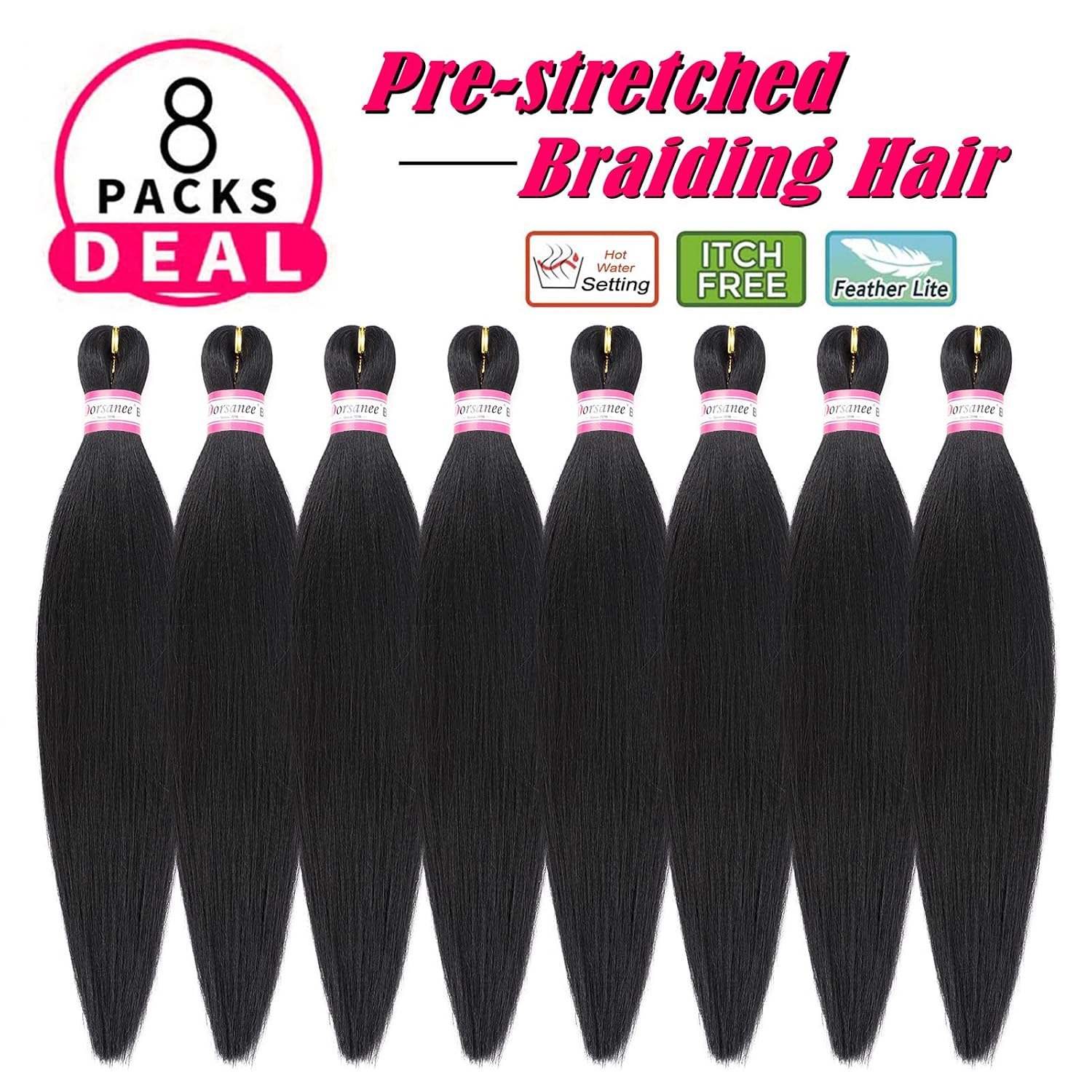 Thumbnail 1 de Pre Stretched Braiding Hair Extensions Natural Black 16 Inch, 8 Packs – Soft Yaki Straight Crochet Braids