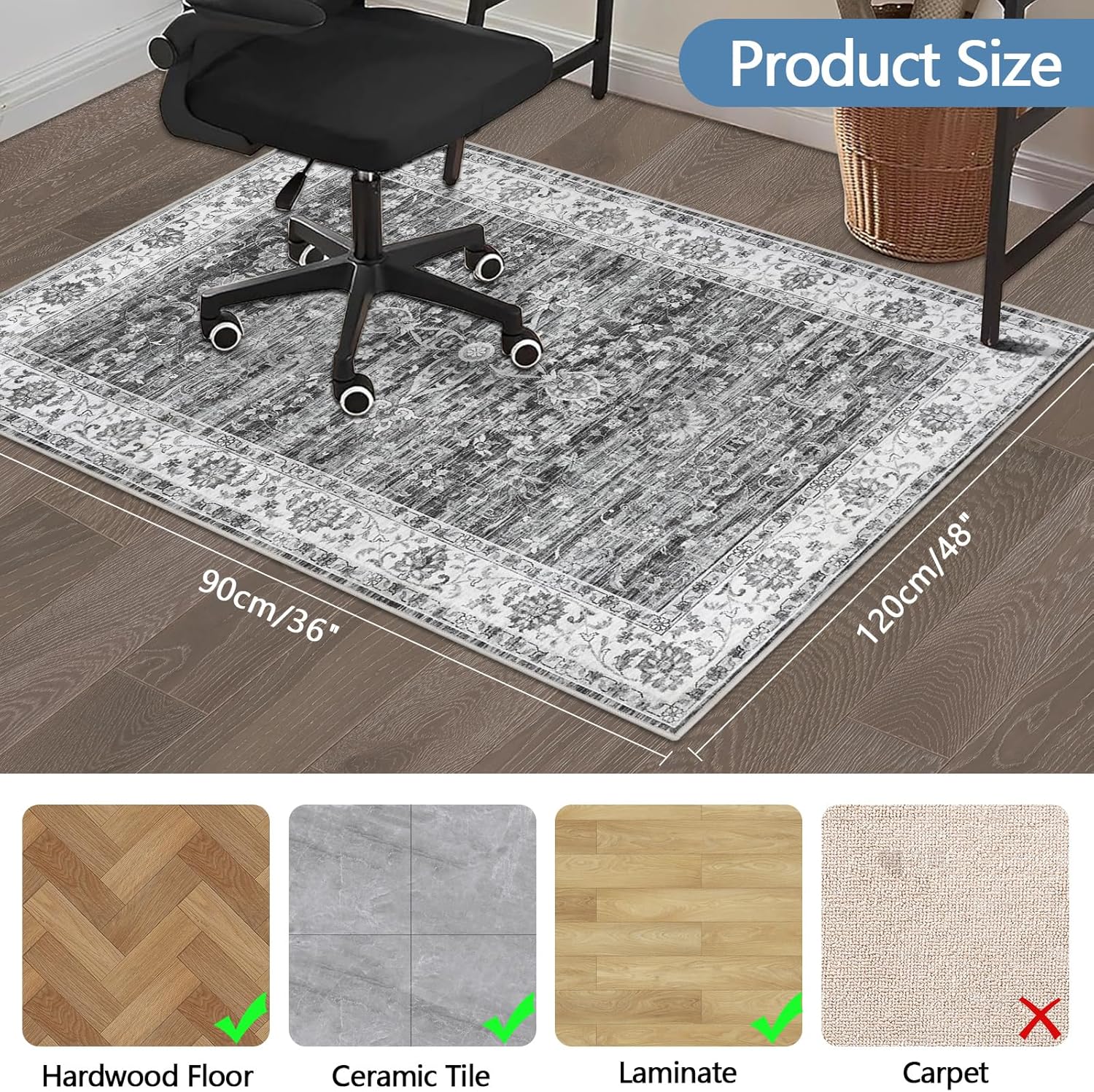 Detalle 2 de Office Chair Mat for Hardwood Floor 90x120 cm – Anti-Slip Silicone Floor Protector, Grey