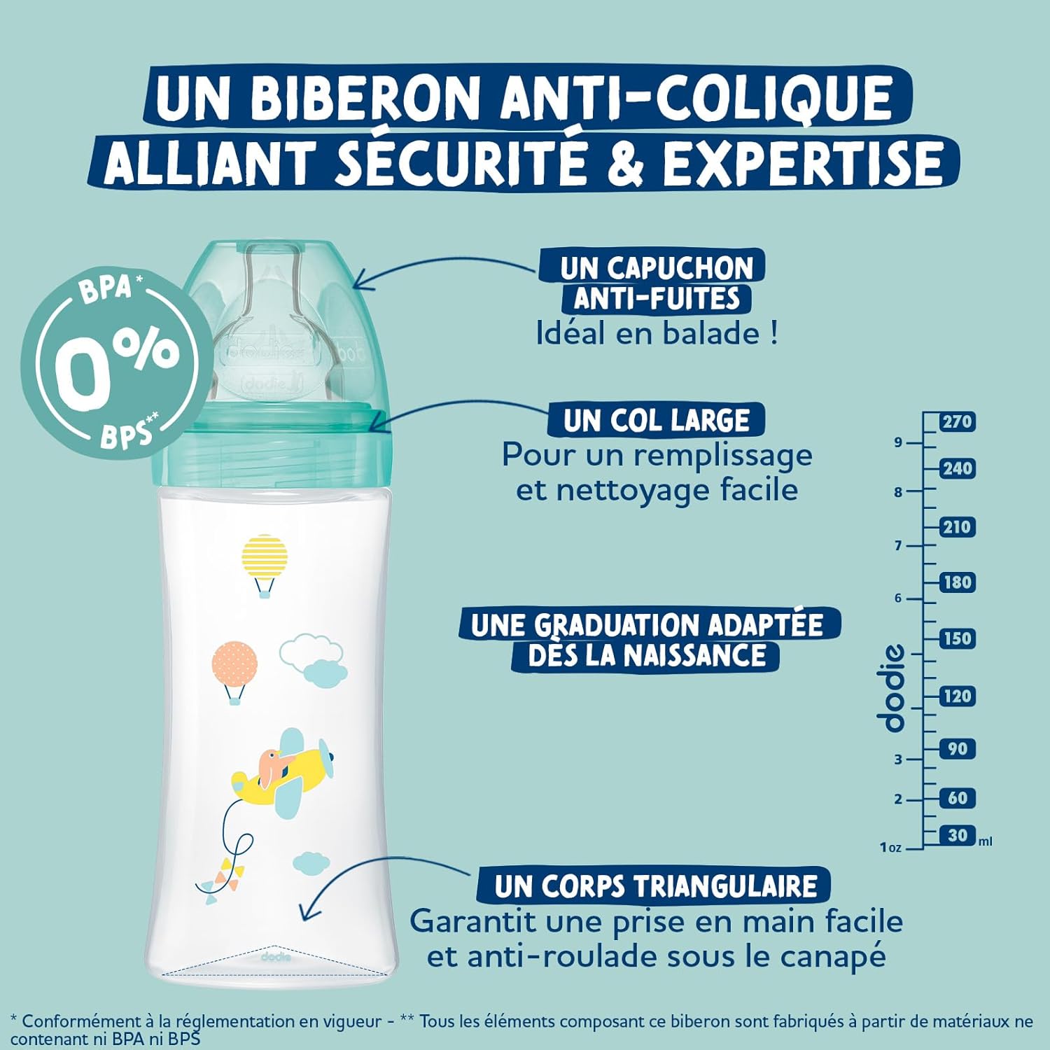 Detalle de Dodie Kit Naissance anti-colique : 6 biberons (150/270/330 ml) + sucette 0-2 mois + goupillon sans BPA