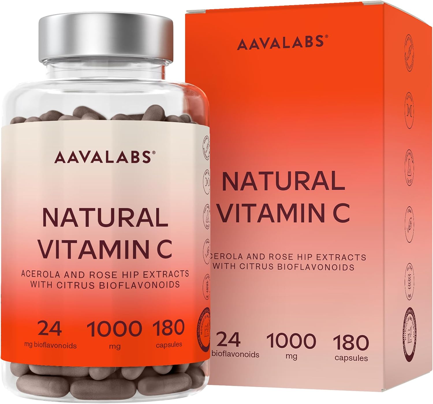 Detalle de AAVALABS Natuurlijke Vitamine C, 180 capsules met rozenbottel en acerola