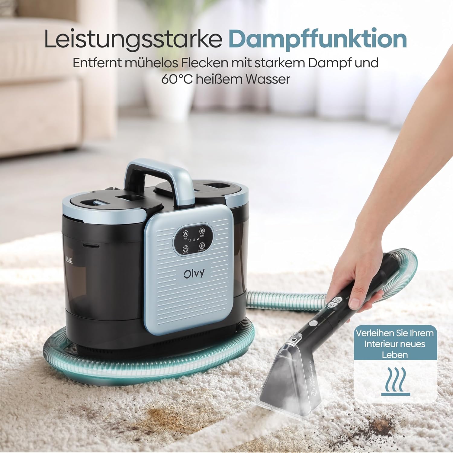 Detalle de Olvy Teppichreiniger PRO – Nasssauger & Dampfreiniger für Polster, Matratzen und mehr