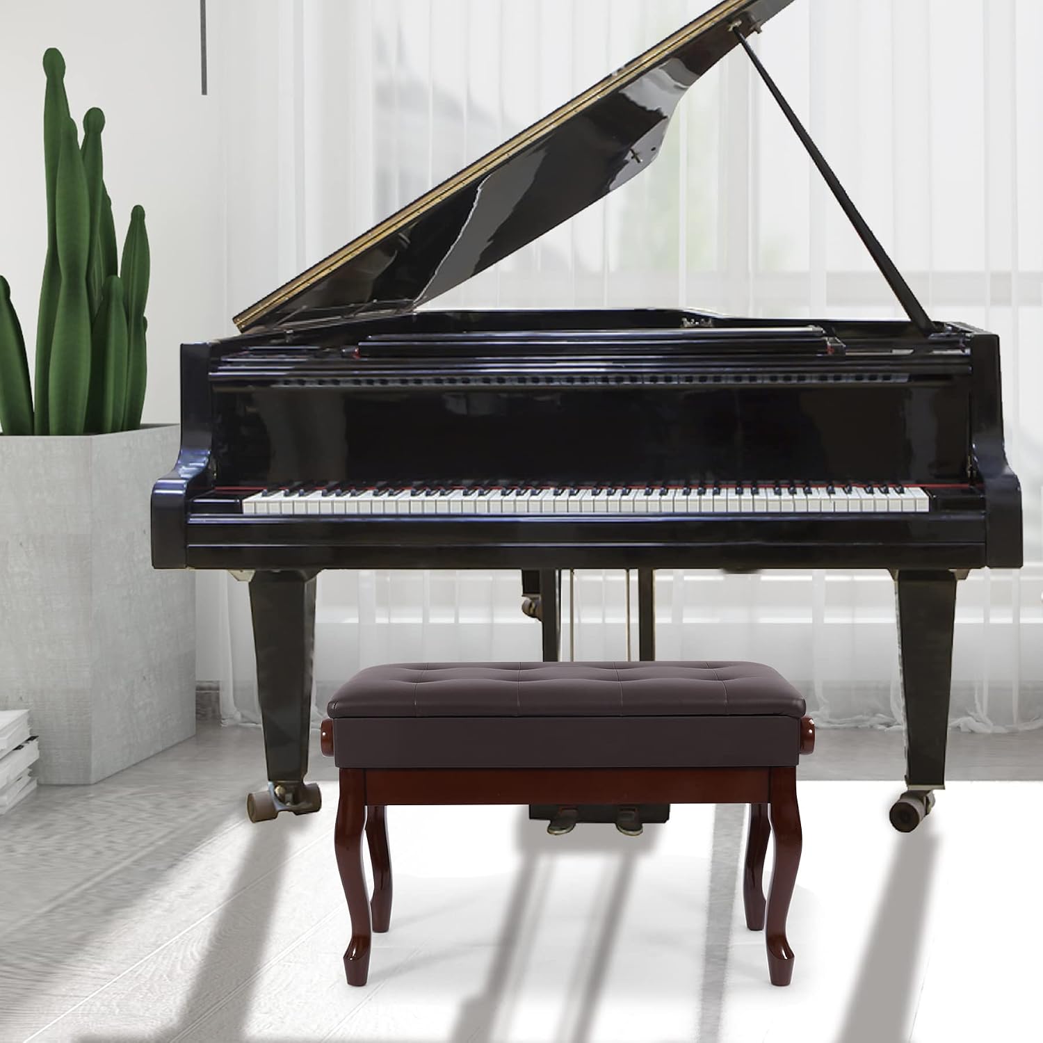 Detalle 2 de ALAPUR 18470 Adjustable Duet Piano Bench with Storage, Brown PU Leather