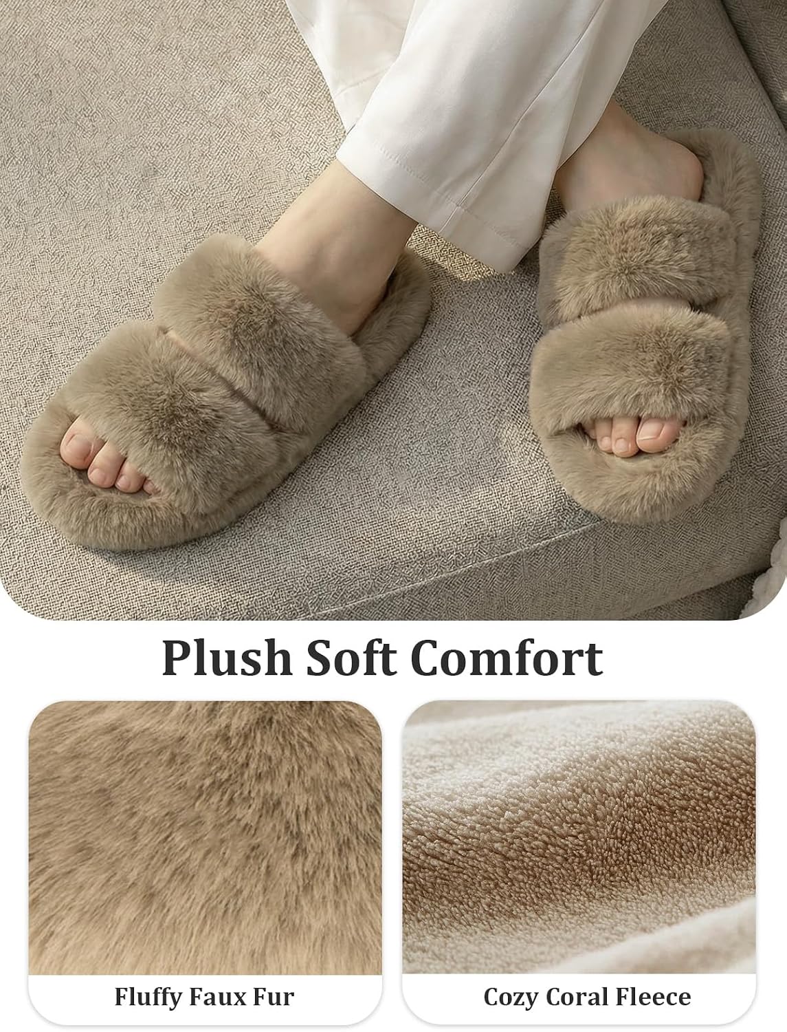 Detalle de FamilyFairy Women's Two-Band Faux-Fur Slippers, Open Toe, Memory Foam, Rubber Sole