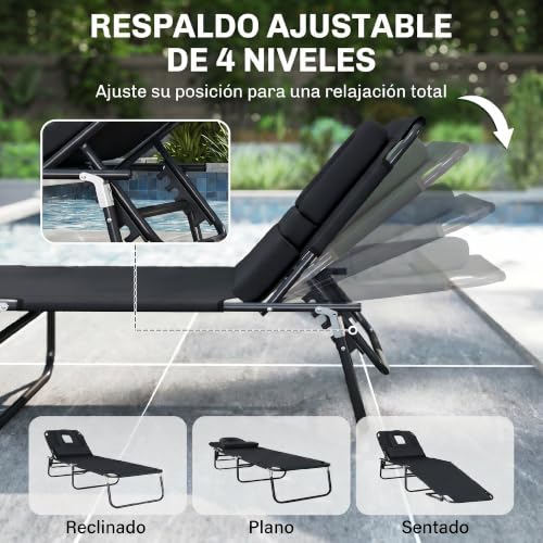 Detalle de Outsunny Tumbona Plegable con Respaldo Regulable en 4 Posiciones y Orificio de Lectura – 190x56x28 cm, color Negro