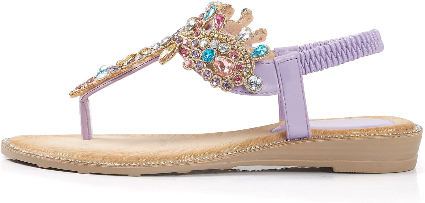 Thumbnail 1 de iCKER Women's Boho Beaded Flat Sandals – Leather PU Upper, Rhinestone Straps & Elastic Ankle Strap