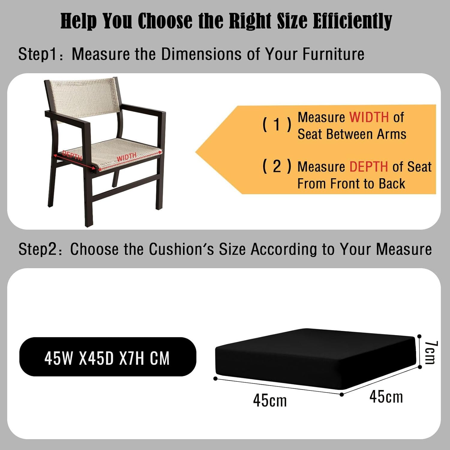 Detalle de PRIMEPATIO Outdoor Chair Seat Cushions Set of 2 – 7cm Thick, 45 x 45cm, Black