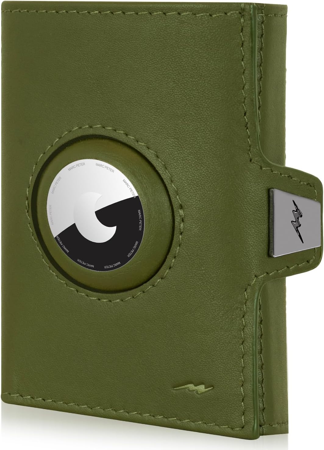 Detalle de Marc Peter Jupiter Airtag Echtleder Geldbörse mit XL-Münzfach – kleines AirTag-Portemonnaie für Herren in Grün