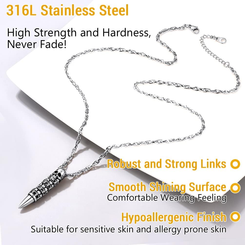 Thumbnail 2 de Collier PROSTEEL « Têtes de Morts » avec pendentif balle/crâne en acier inoxydable 316L (argent 925/plaqué or jaune)