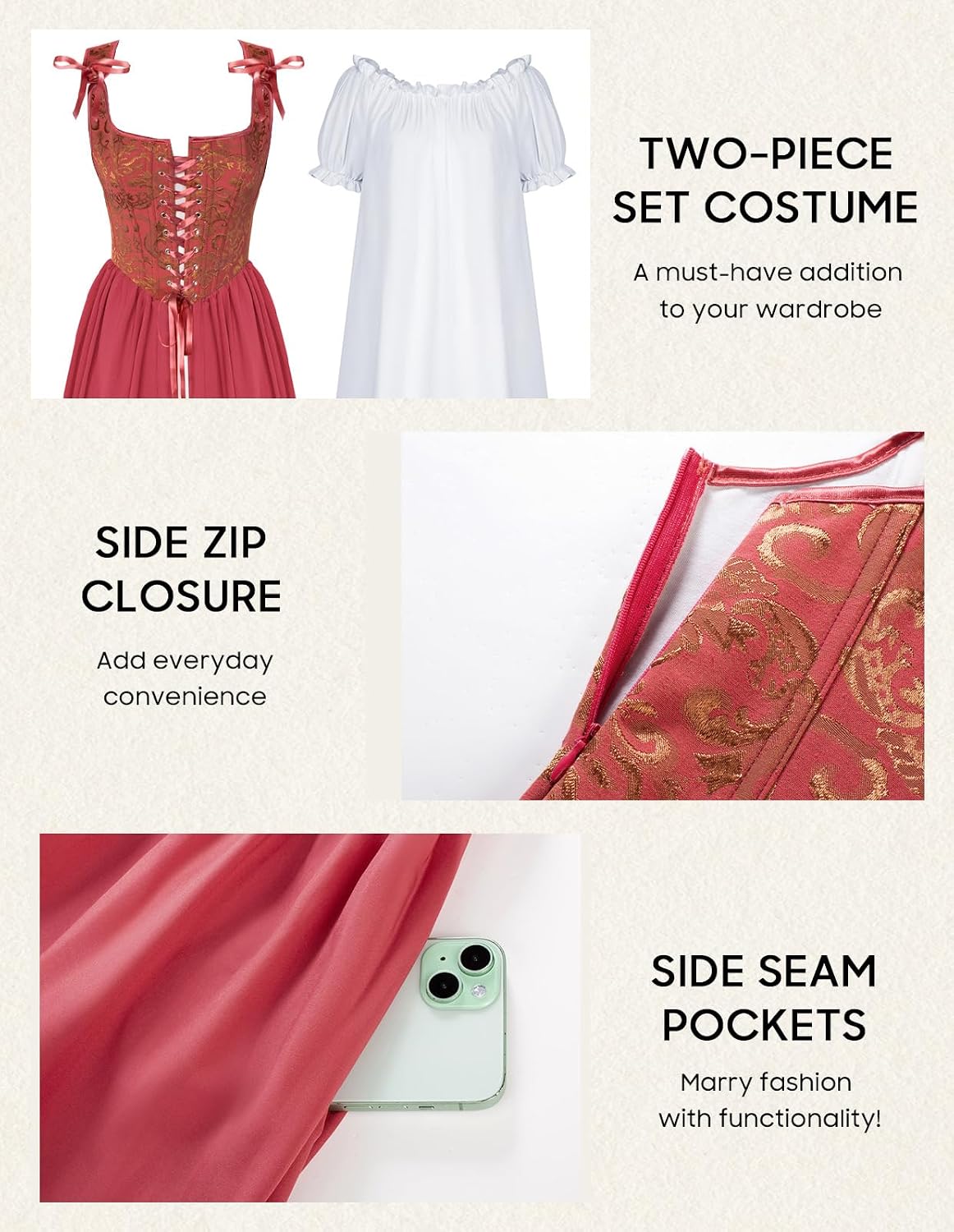 Detalle 1 de Scarlet Darkness Renaissance Costume Dress with Lace-Up Corset, Embroidery & Pockets
