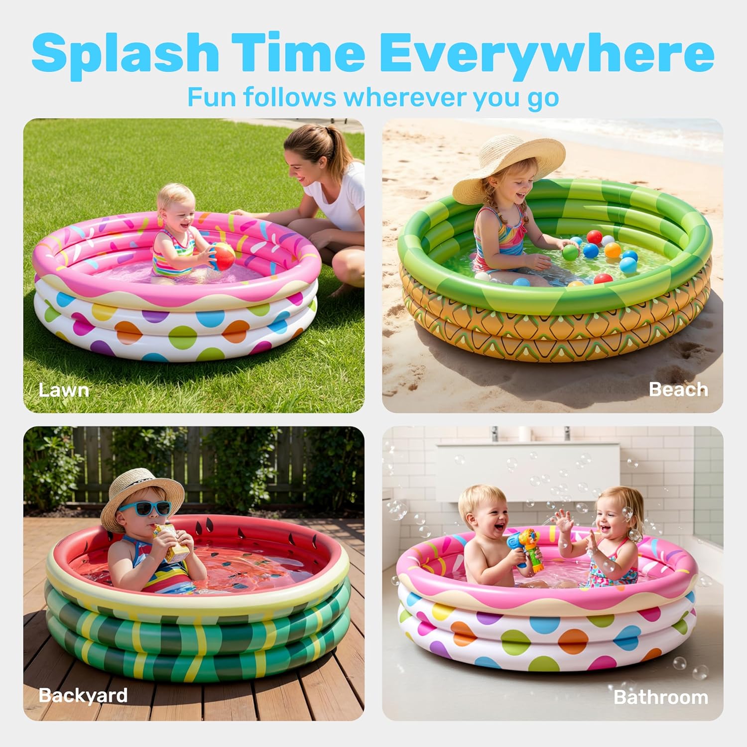 Detalle de 3 Pack 45" x 10" Inflatable Kiddie Pools (Watermelon, Pineapple, Cupcake) – Versatile Outdoor/Indoor Fun