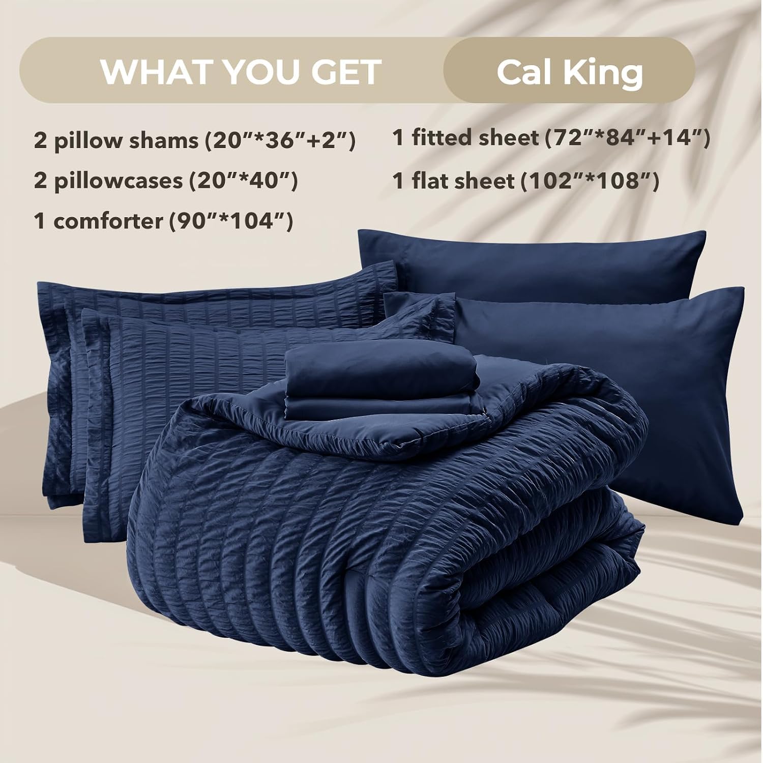 Detalle de HYMOKEGE California King Seersucker Comforter Set, Navy Blue, 7-Piece