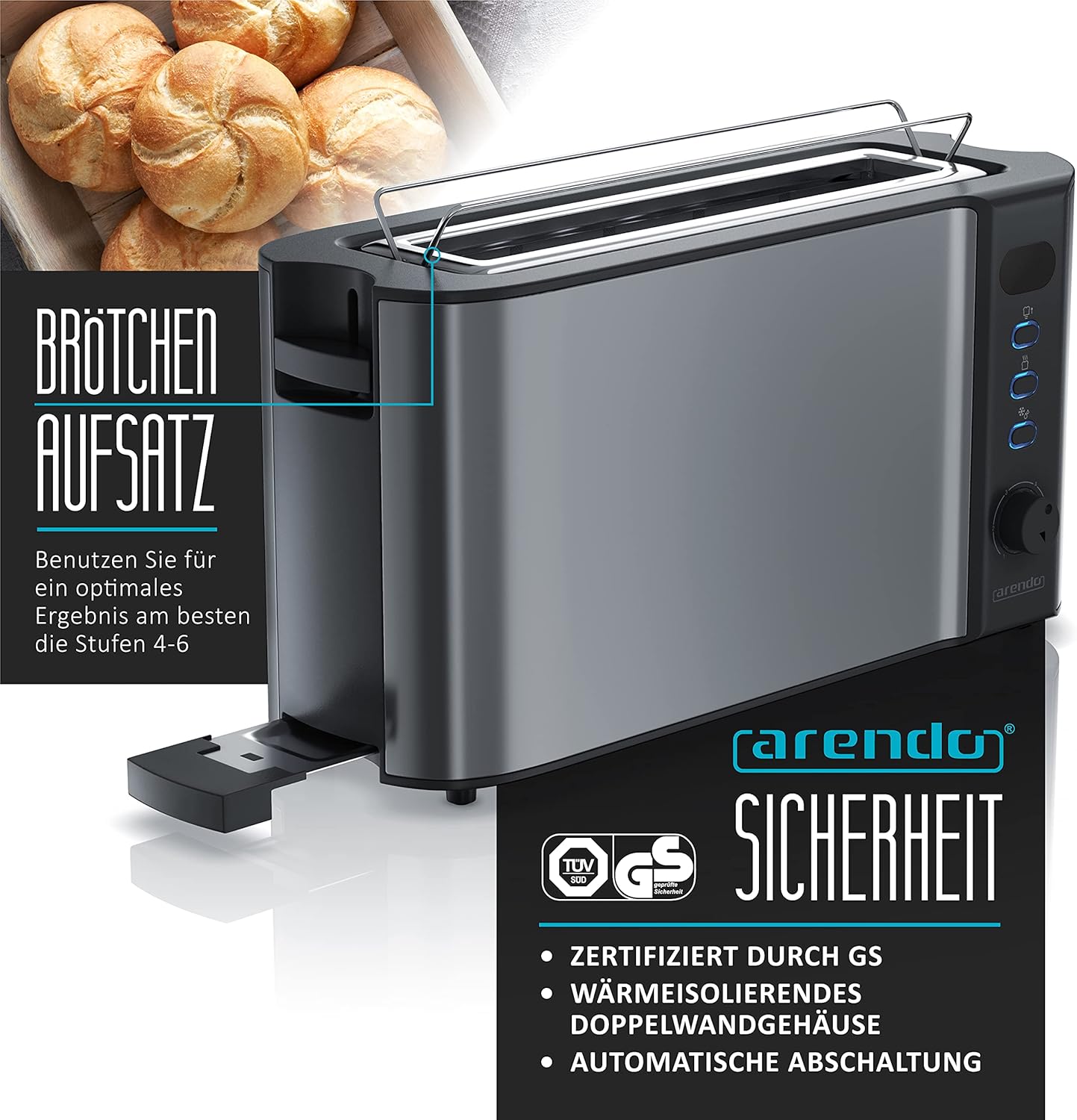 Detalle de Arendo Frukost 2-Scheiben Langschlitztoaster (Defrost, Doppelwandgehäuse, Brötchenaufsatz) – Cool Grey