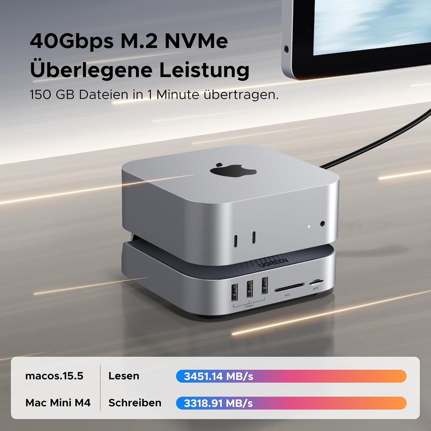 Detalle de UGREEN Mac mini M4 Dock: SSD-Erweiterung, 40Gbps NVMe, 5× 10Gbps Ports und 8K/4K-Display