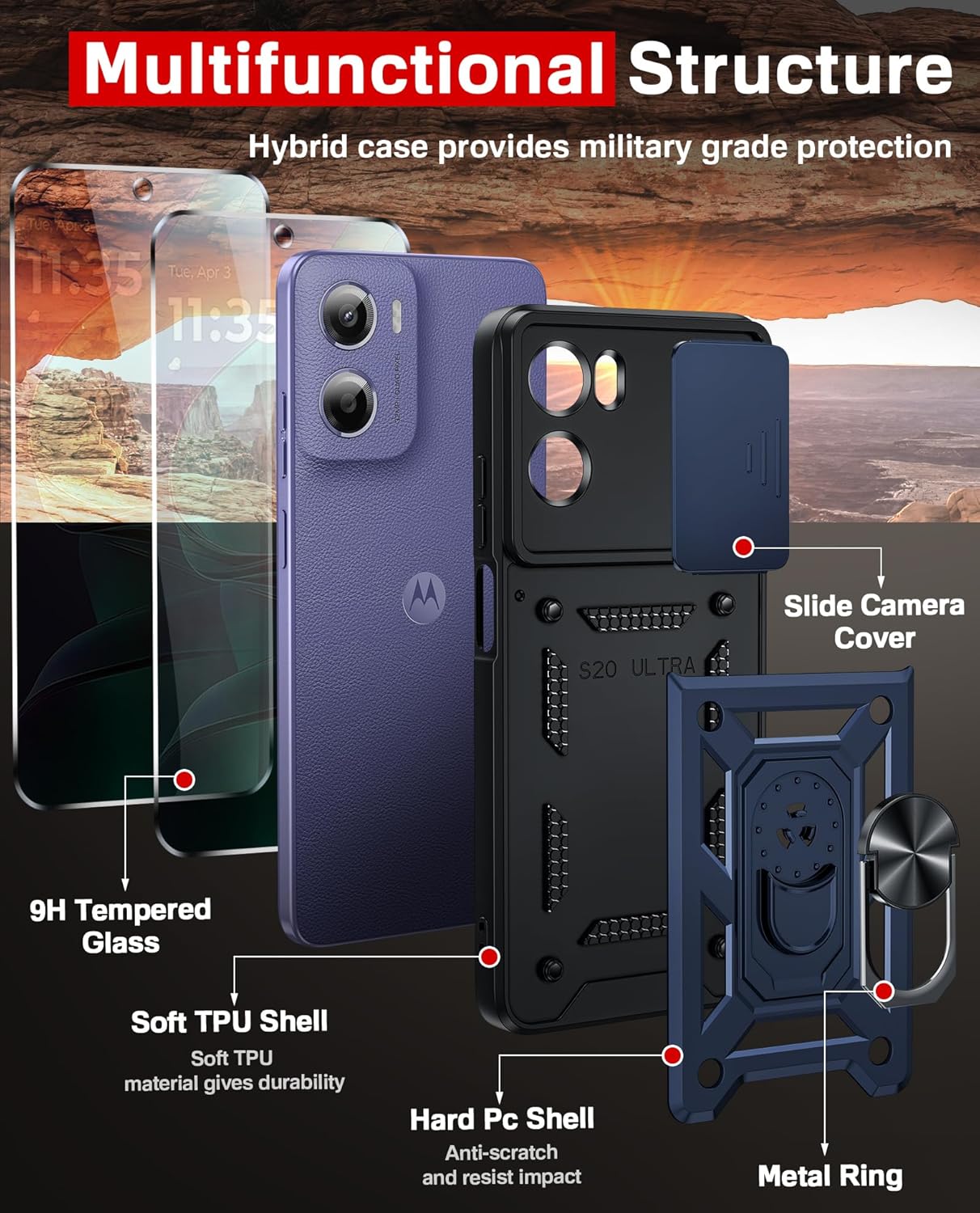 Thumbnail 2 de LeYi rugged phone case for Motorola Moto E15 4G / GO5 with sliding camera cover, ring stand & 2 screen protectors (Blue)