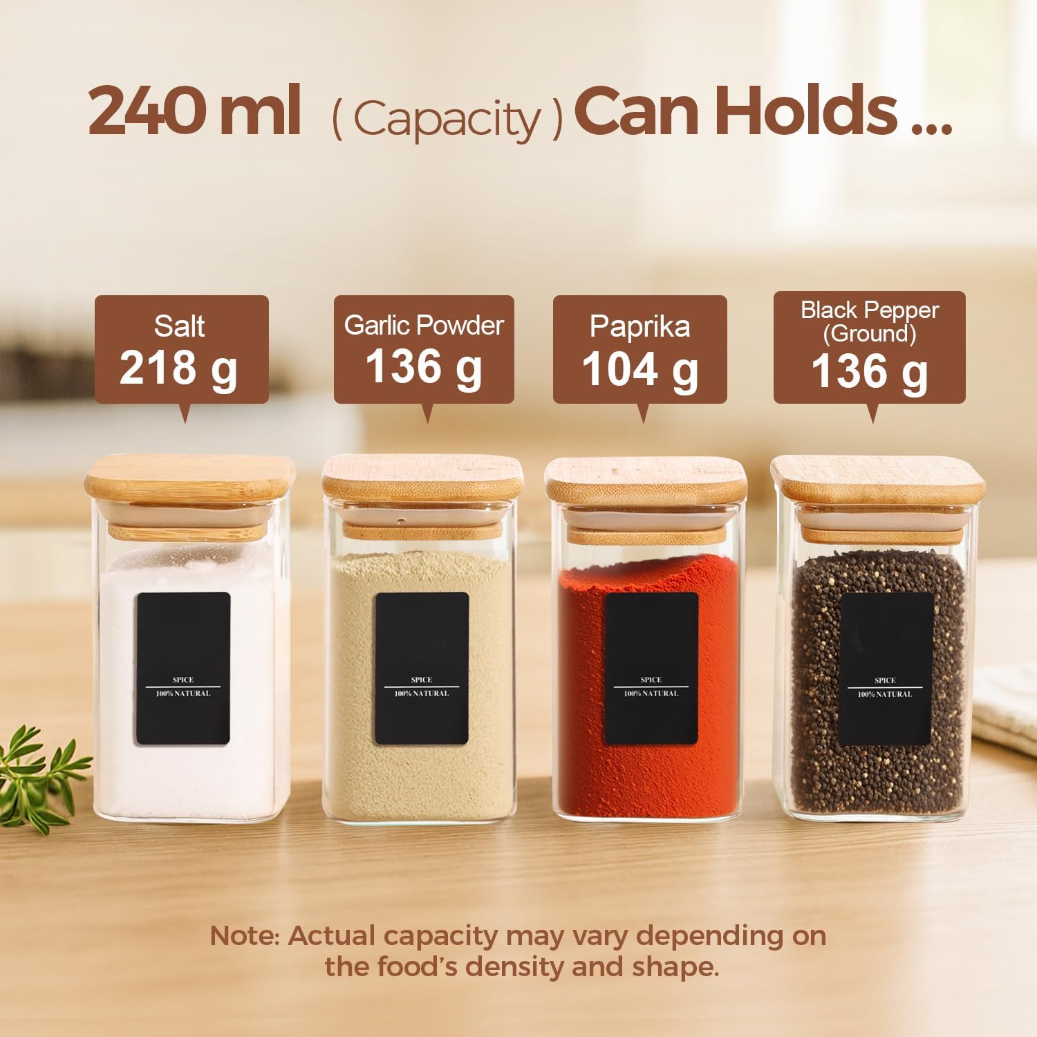 Thumbnail 1 de ComSaf 240 ml Glass Spice Jars, 6 Pack with Bamboo Lids and Square Profile