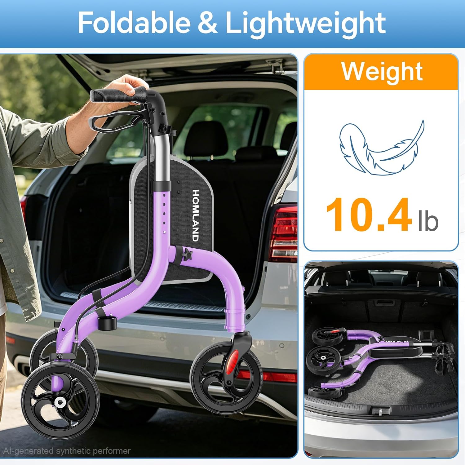 Detalle de HOMLAND Foldable 3 Wheel Walker for Seniors with Cane & Cup Holder — Lightweight 10.4 lbs, Lavender
