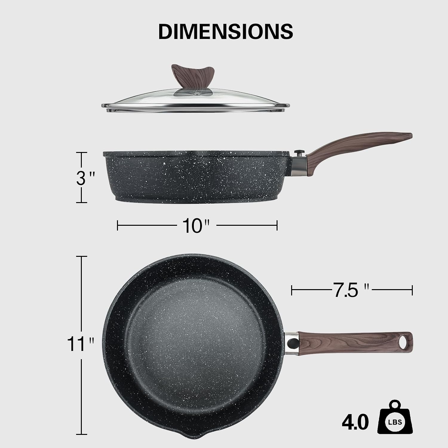 Detalle de Kordisen Antihaft-Bratpfanne mit Deckel, 28 cm – Induktion, Granitsteinbeschichtung, abnehmbarer Holzgriff