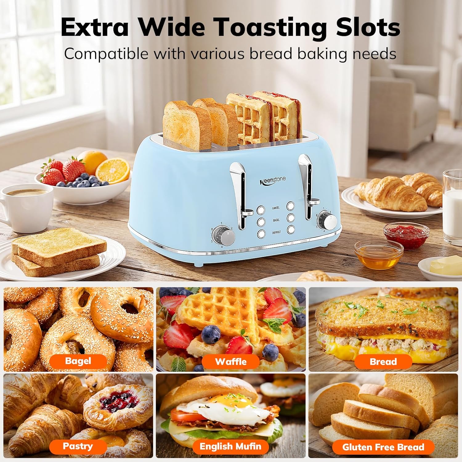 Thumbnail 5 de Keenstone 4-Slice Retro Stainless Steel Toaster with Dual Independent Controls (Wide Slots, Blue)