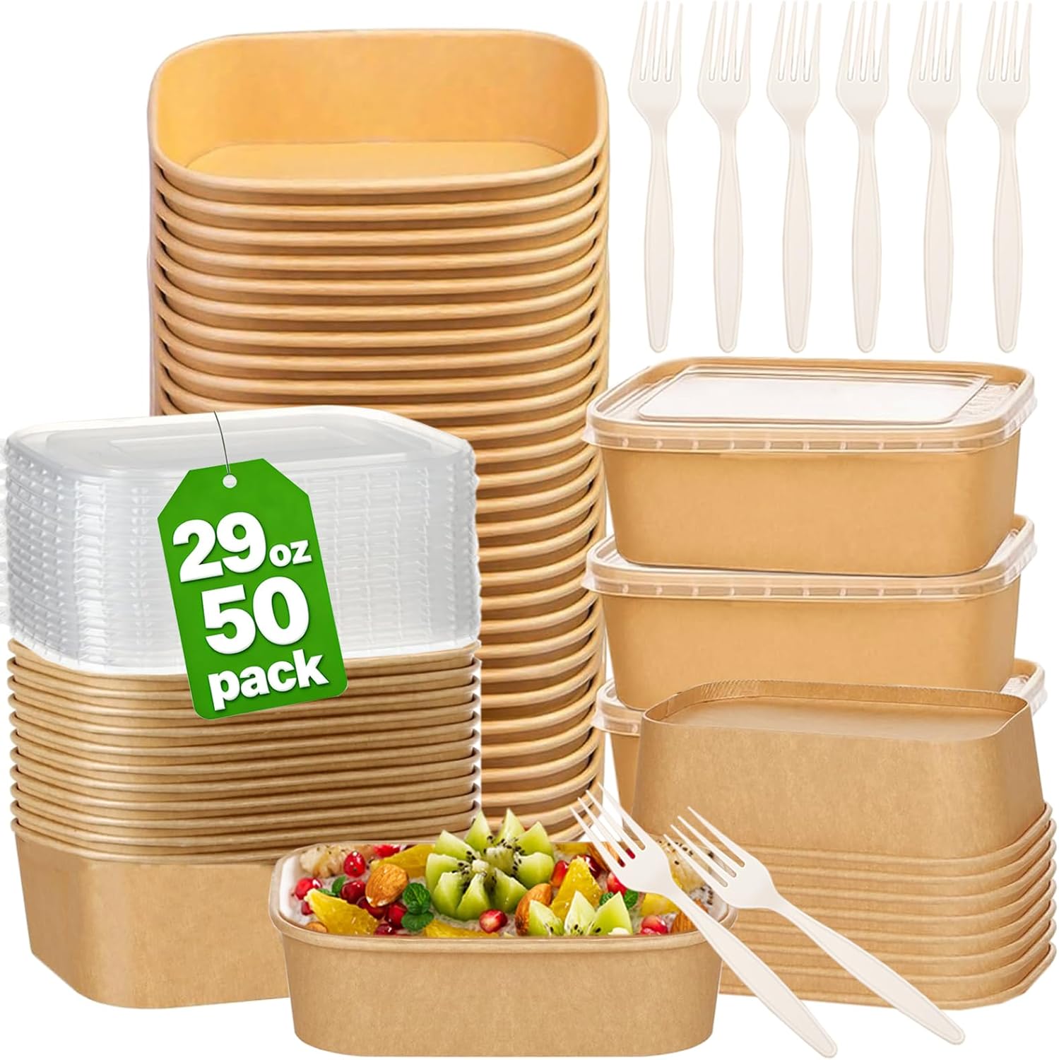 Artuxer 50-Pack 29oz Disposable Kraft Paper Bowls with Lids and Forks