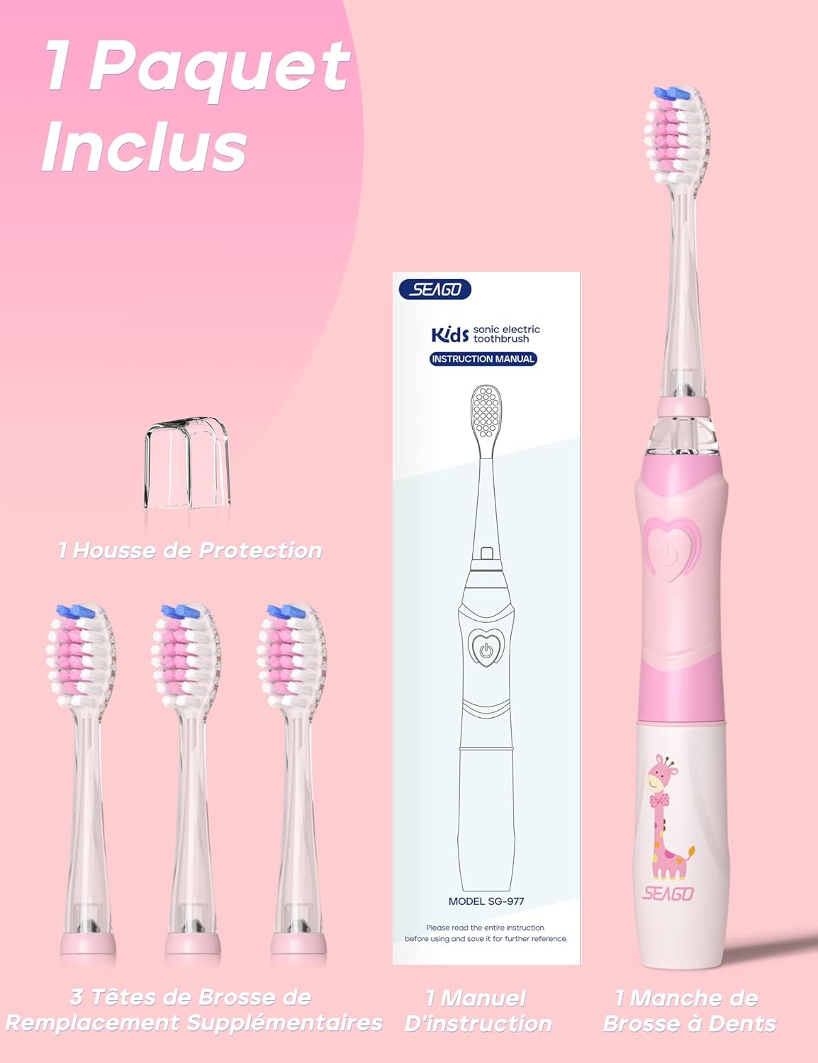 Thumbnail 6 de Seago SG977 brosse à dents électrique enfant (3-12 ans) rose, minuteur 2 minutes, LED colorées, 4 têtes