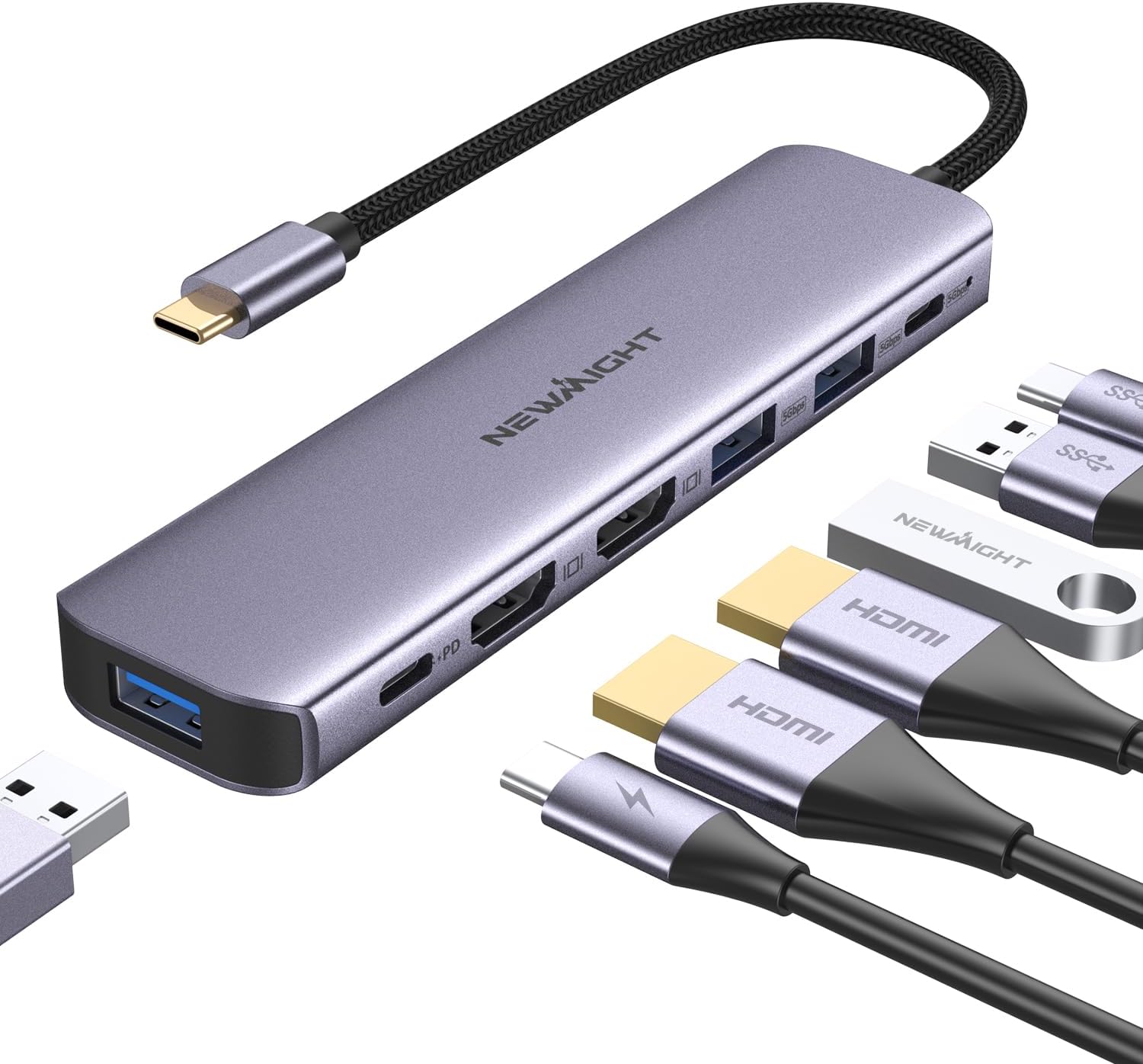 Detalle de Newmight 7-in-1 USB-C Docking Station mit Dual HDMI – USB-C auf Dual Monitor