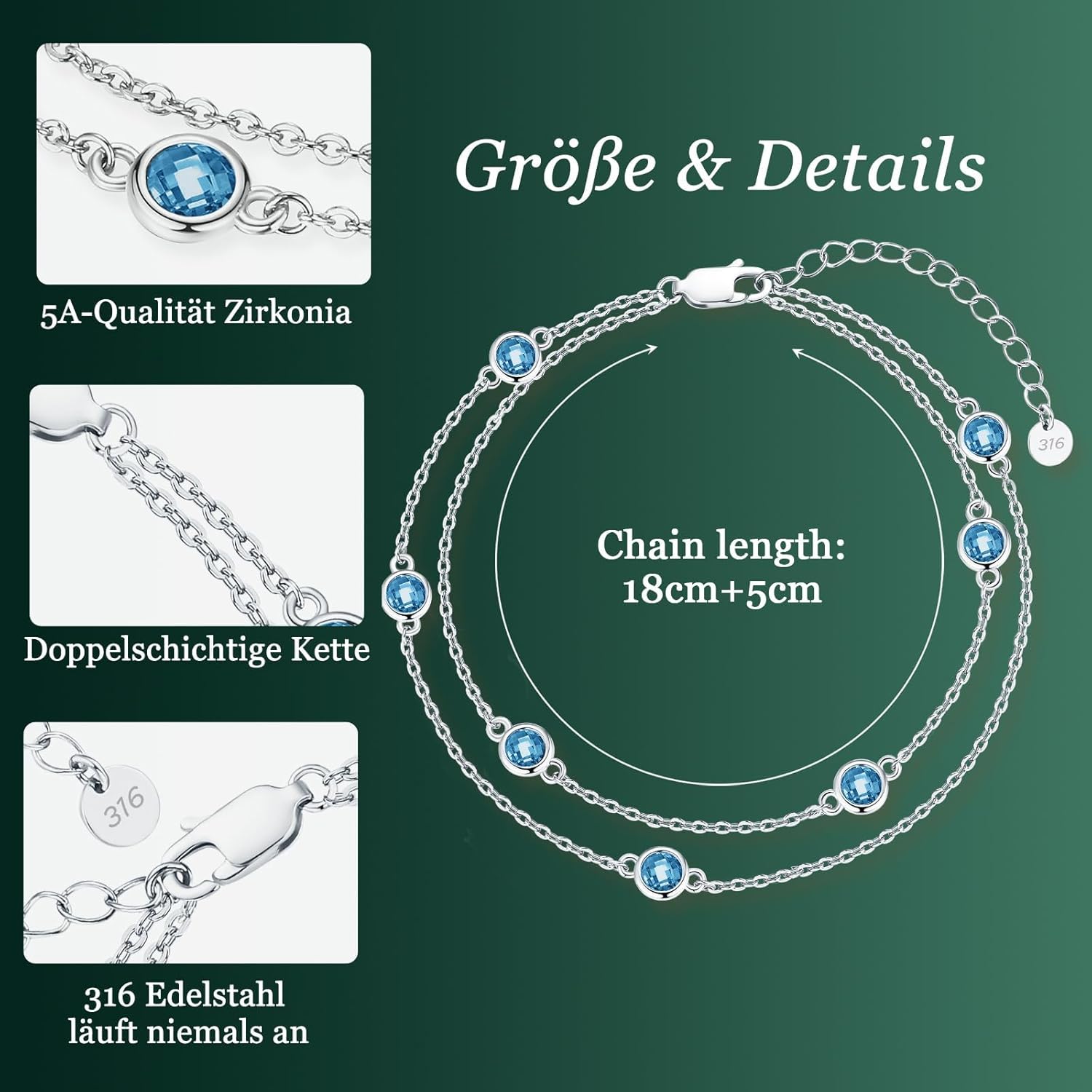 Detalle de LOUISA SECRET Pferdeaugen Armband Damen aus 925 Sterling Silber mit Zirkonia, verstellbar (17 cm + 4 cm)