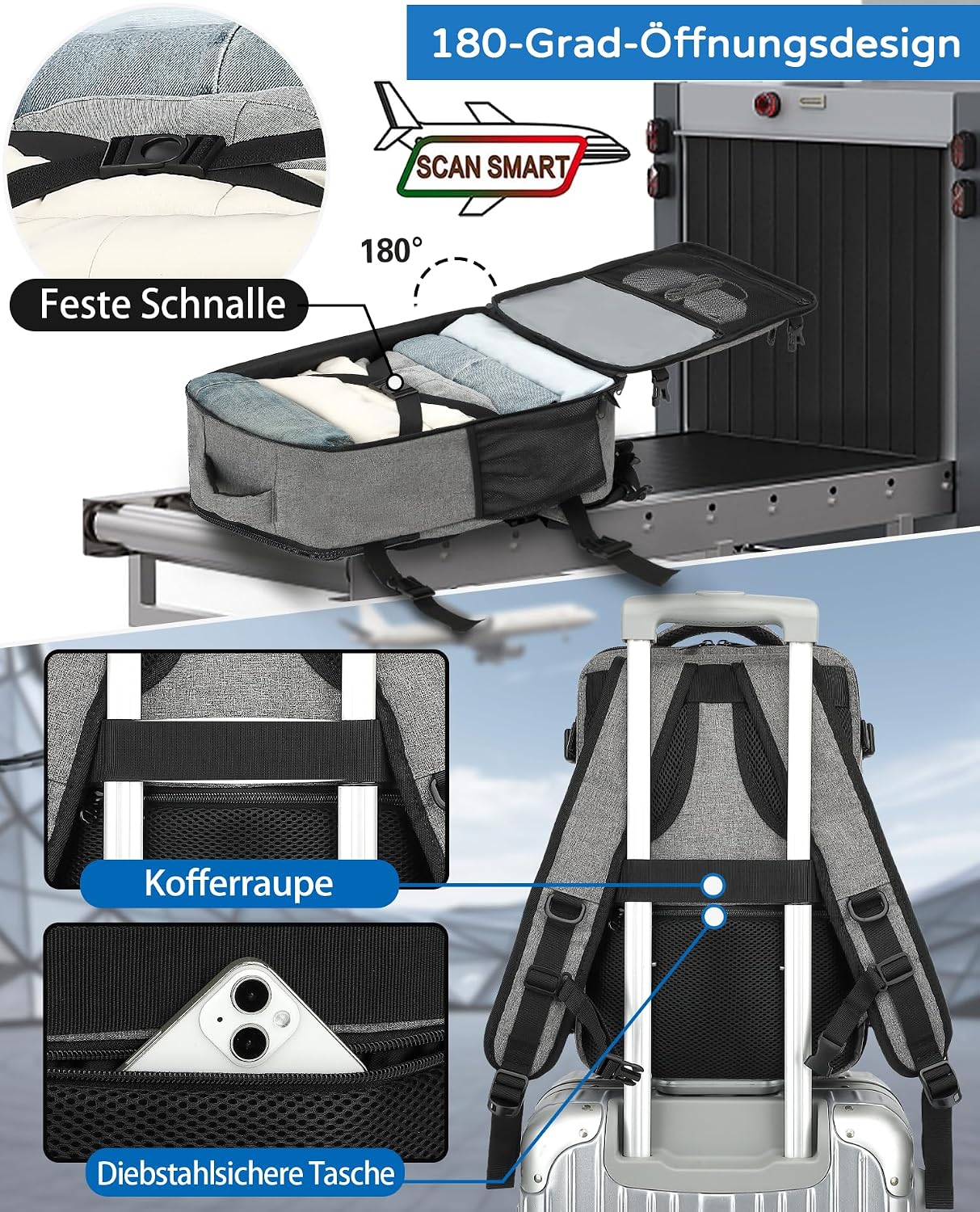 Thumbnail 2 de KLOSTAIN Handgepäck Rucksack 40x20x25 cm – 20L, 14-Zoll Laptopfach, Grau – kompatibel mit Ryanair/Eurowings