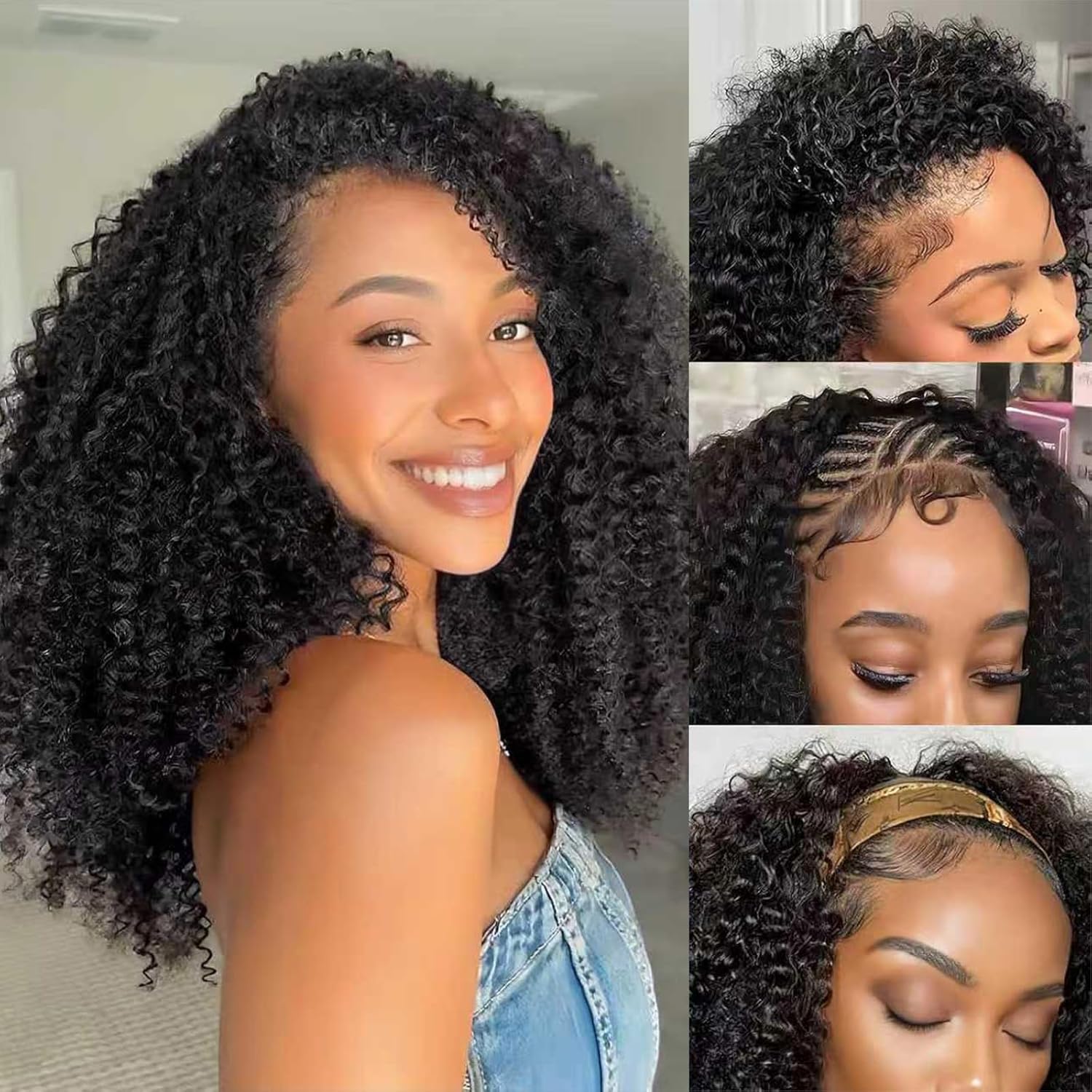 Thumbnail 1 de NICMISS Half Wig brésilienne Kinky Curly en cheveux humains 3-en-1 sans colle, 180% densité, 18 pouces