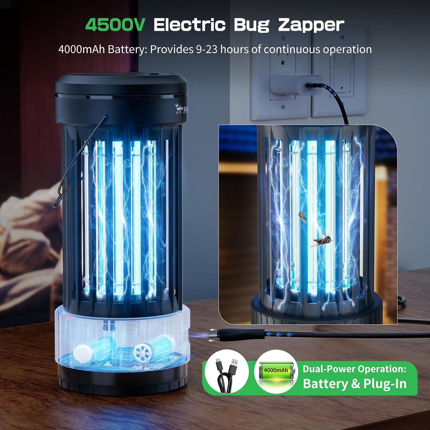 Detalle 2 de Rechargeable Bug Zapper with Adjustable Light — PALONE 4000mAh USB Mosquito Killer