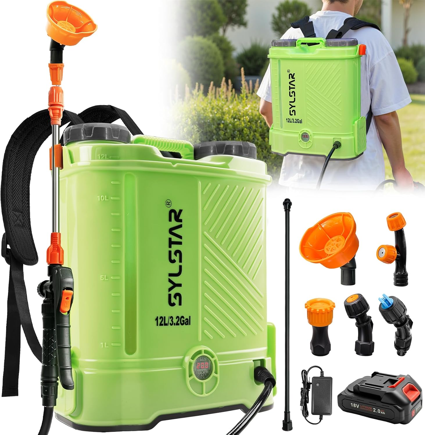 Detalle de SYLSTAR Drucksprüher 12L – 5,5 Bar, kompatibel mit Makita 18V Akkus, 5 Düsen, Ladegerät inklusive