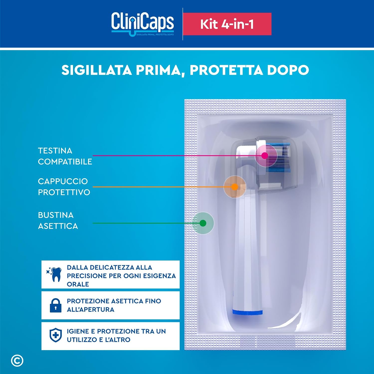 Detalle de Set da 24 testine per spazzolino elettrico compatibile Oral-B CliniCaps Kit 4-in-1 (AngleAct, CoreClean, PinPoint, SoftSense)