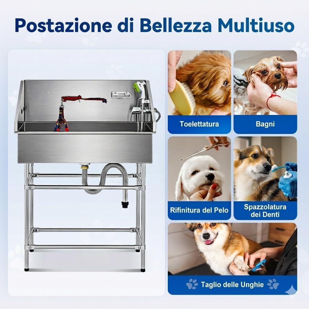 Detalle de CO-Z Vasca da Bagno per Cani Extra Elevata 86 cm – Toelettatura Professionale in Acciaio Inox