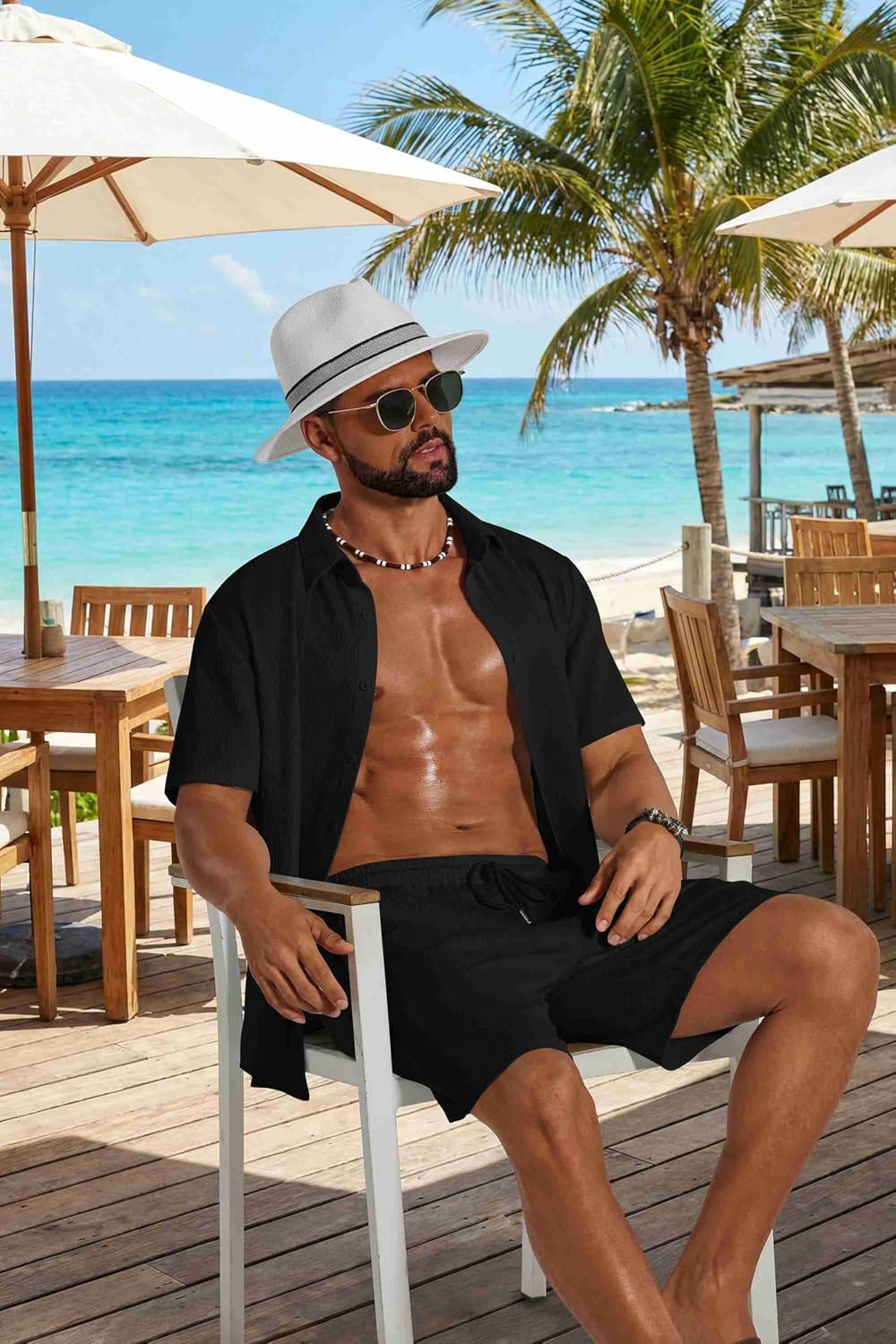 Detalle 2 de COOFANDY Men’s 2-Piece Shirt and Beach Shorts Set, Lightweight Textured Fabric