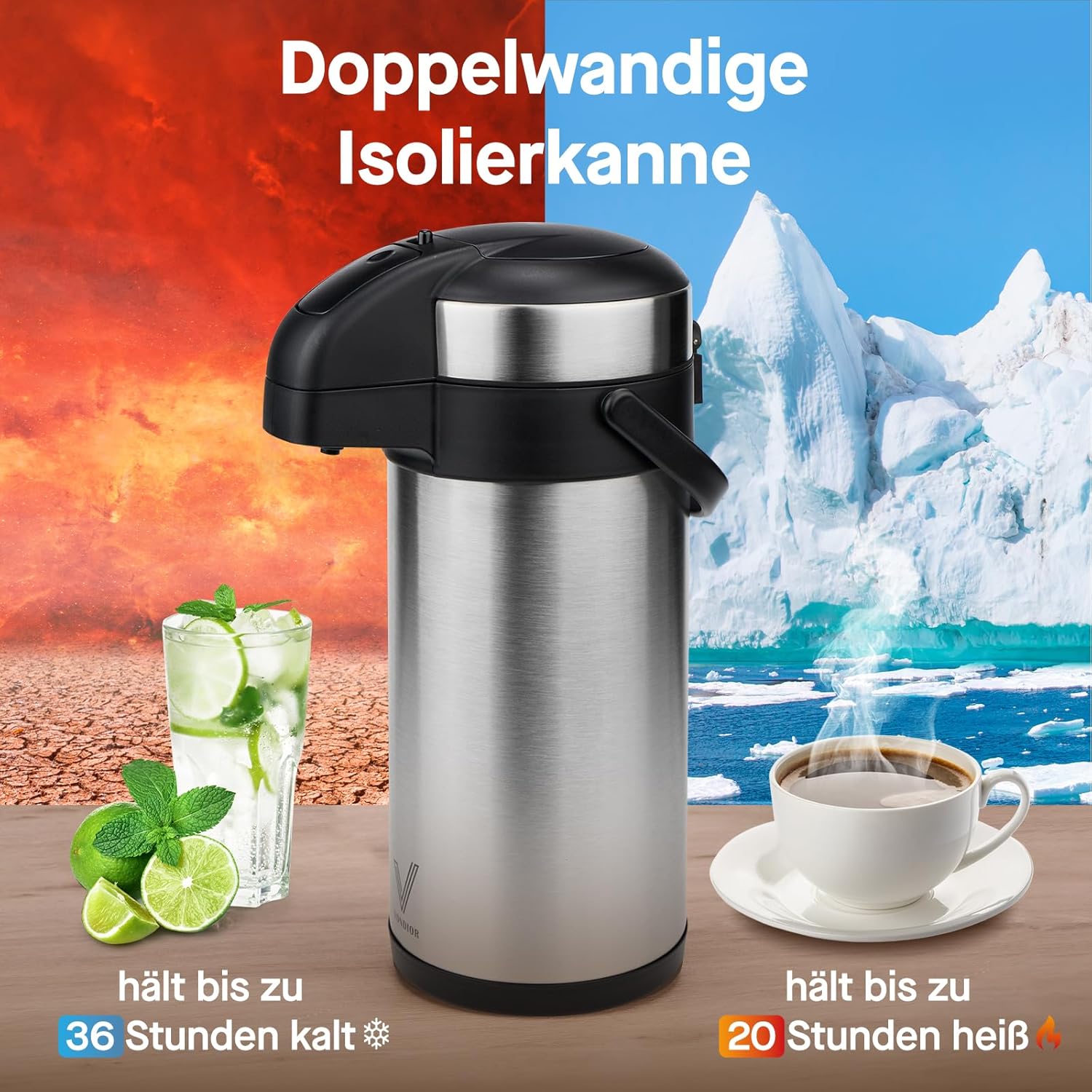 Thumbnail 1 de Vondior Airpot Pumpkanne 5 Liter – isolierte Edelstahl-Thermoskanne mit Pump-Ausgießer