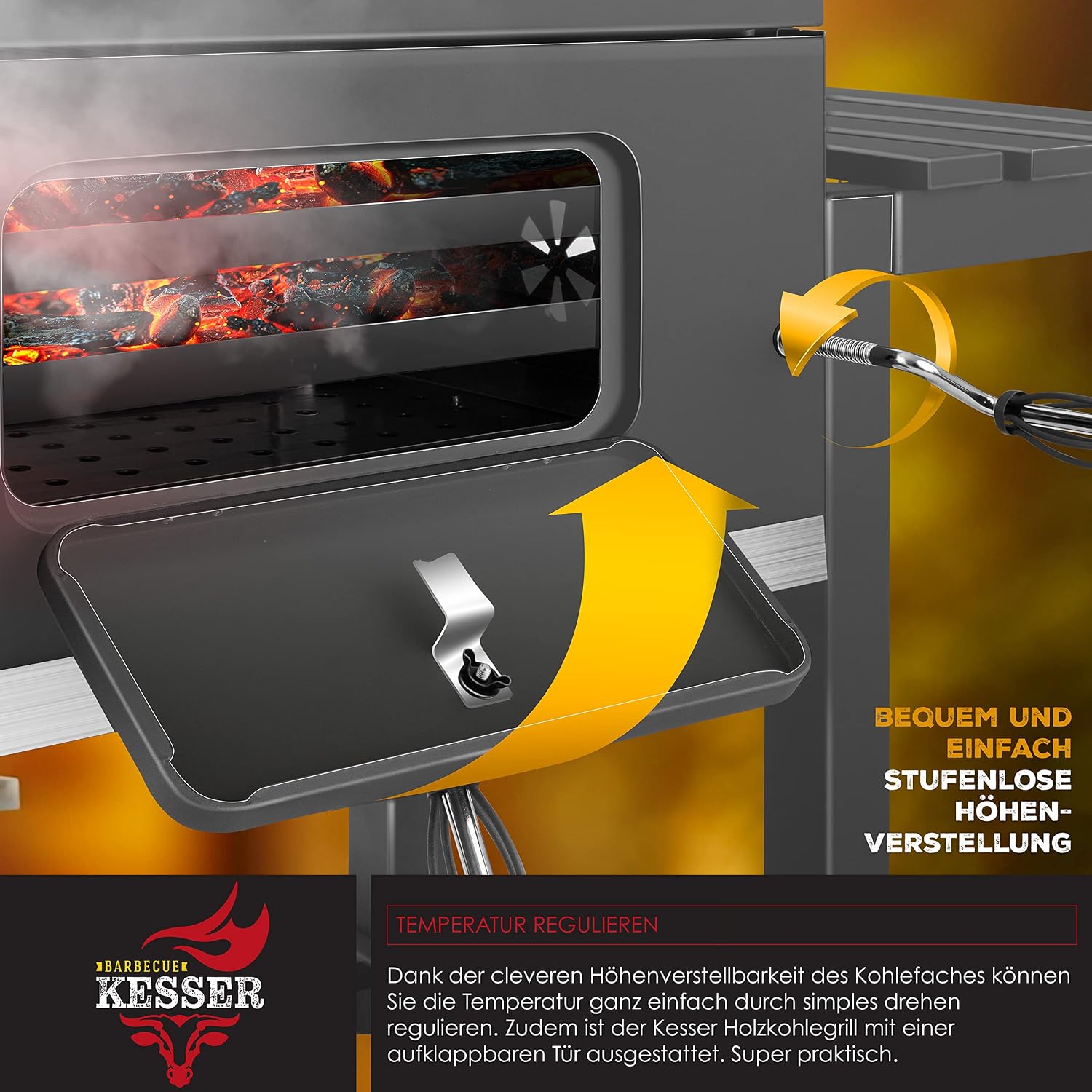 Detalle de KESSER Parilla de Carbón con Carrito y Tapa XL – BBQ grande con termómetro y almacenamiento