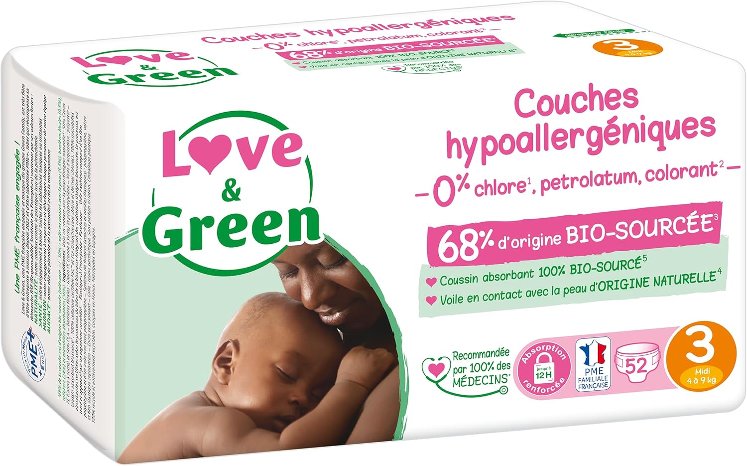 Thumbnail 1 de Love & Green Couches Bébé Saines et Écologiques – Taille 3 (4-9 kg) – Pack 1 Mois (208 couches)